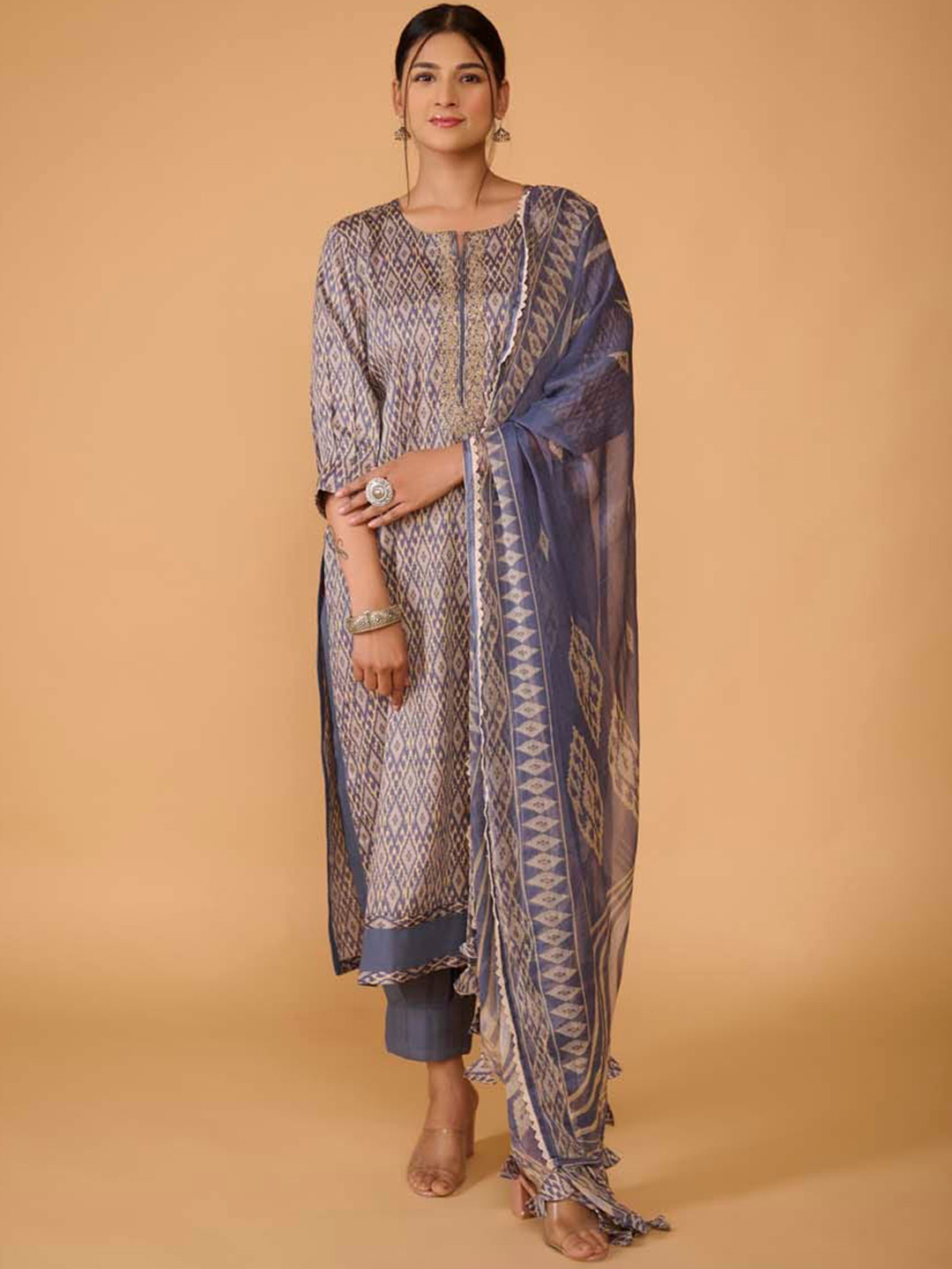 TSUCCHI TRADITIONS Ethnic Printed Thread Work Pure Cotton Kurta With Trousers & Dupatta