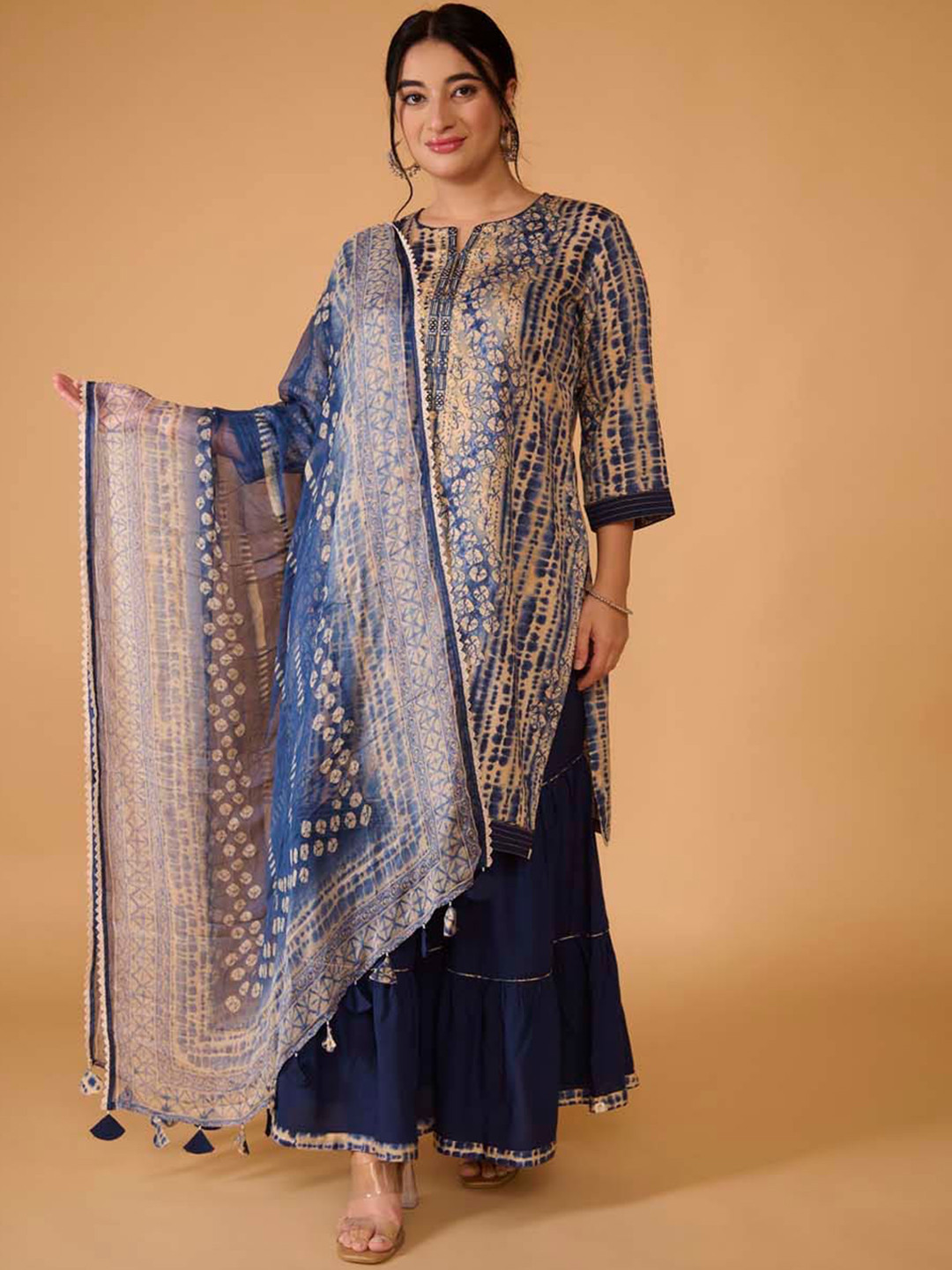 TSUCCHI TRADITIONS Ethnic Printed Thread Work Pure Cotton Kurta With Sharara & Dupatta