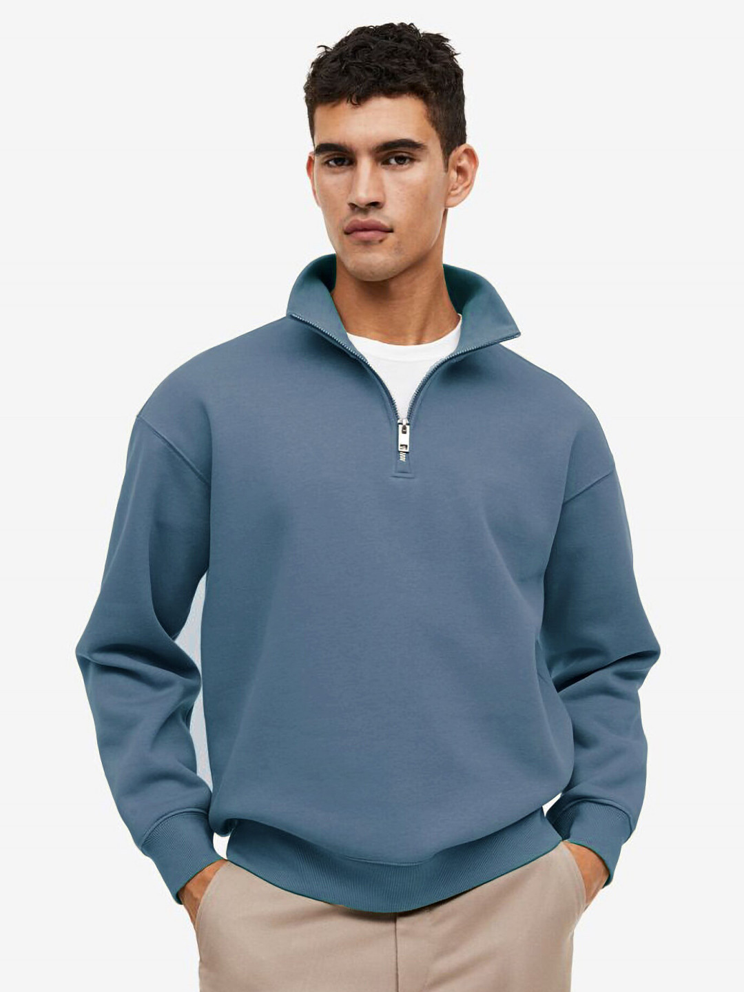 MISCHIEF MONKEY Mock Collar Ribbed Half Zipper Cotton Fleece Pullover Sweatshirt