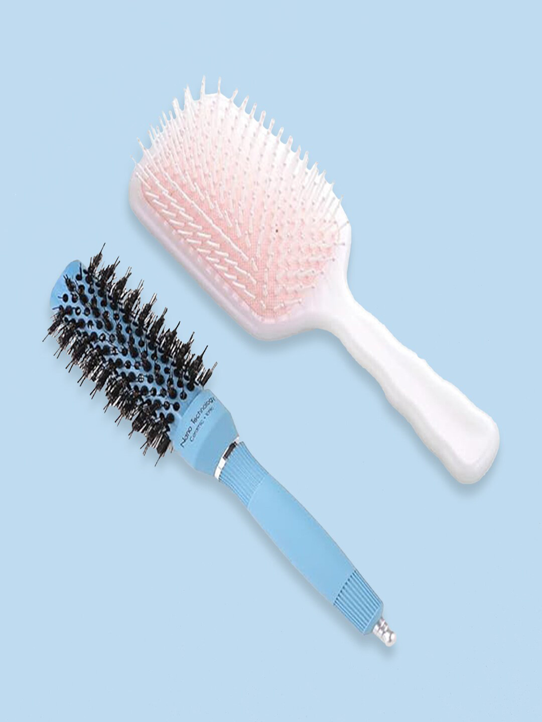 Kuber Industries Set of Paddle Hair Brush & Round Hair Brush - White & Blue