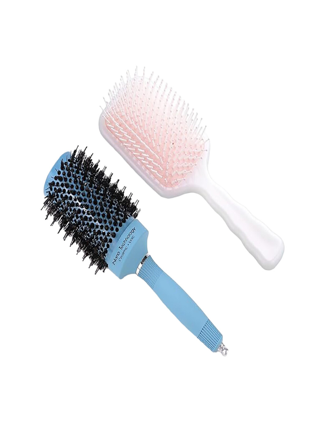 Kuber Industries Set of Paddle Hair Brush & Round Hair Brush - White & Blue