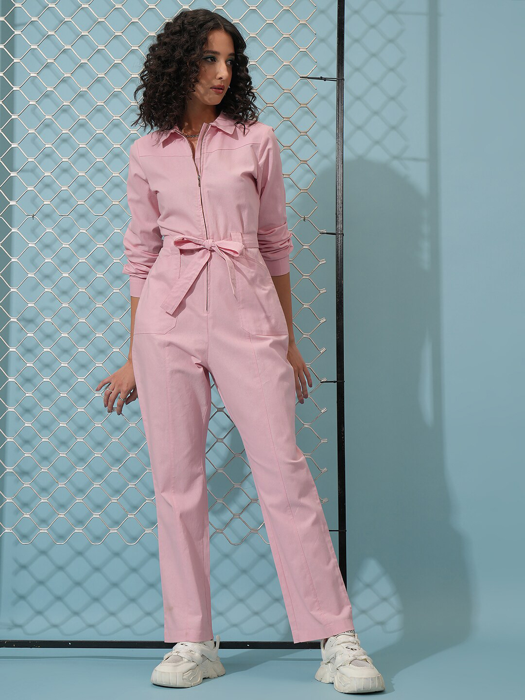 Tokyo Talkies Pink Shirt Collar Cotton Basic Jumpsuit