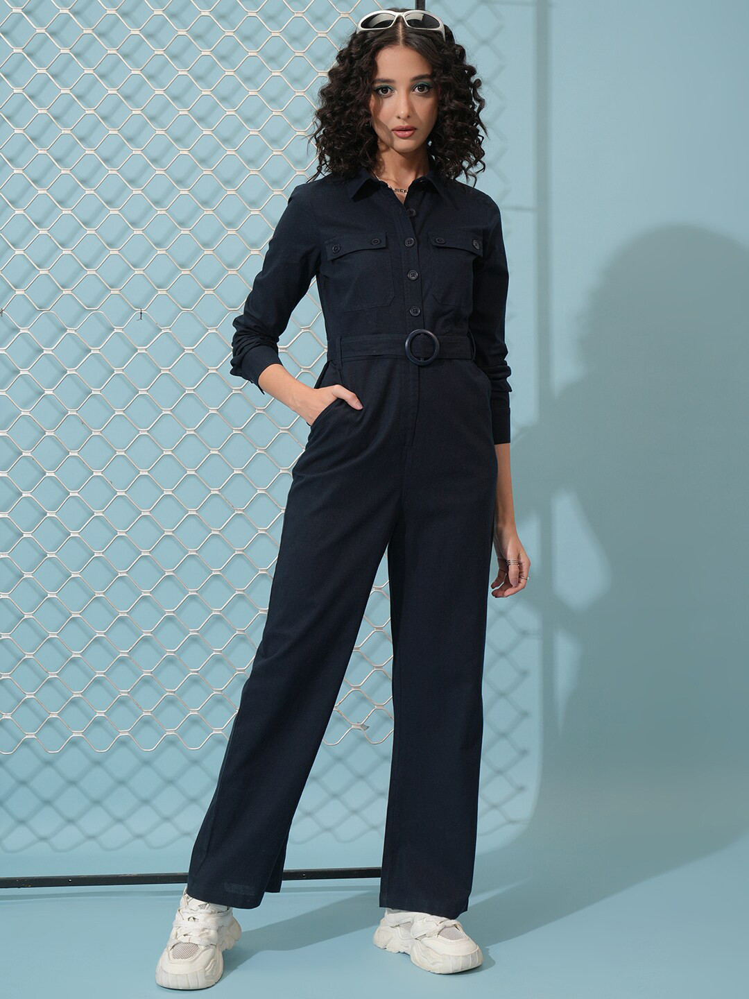 Tokyo Talkies Navy Blue Shirt Collar Cotton Basic Jumpsuit