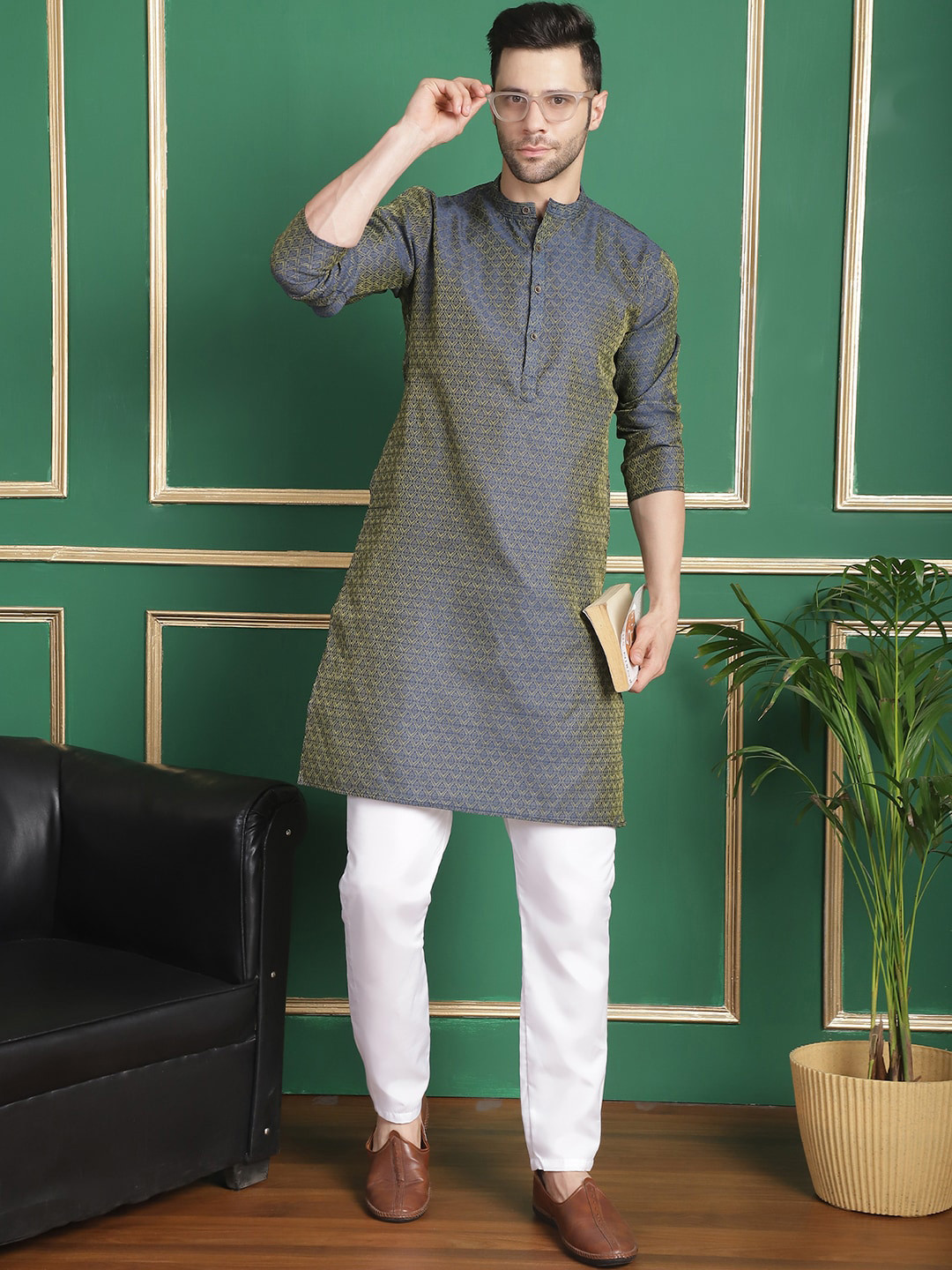 Anouk Navy Blue Ethnic Woven Design Straight Kurta with Pyjamas