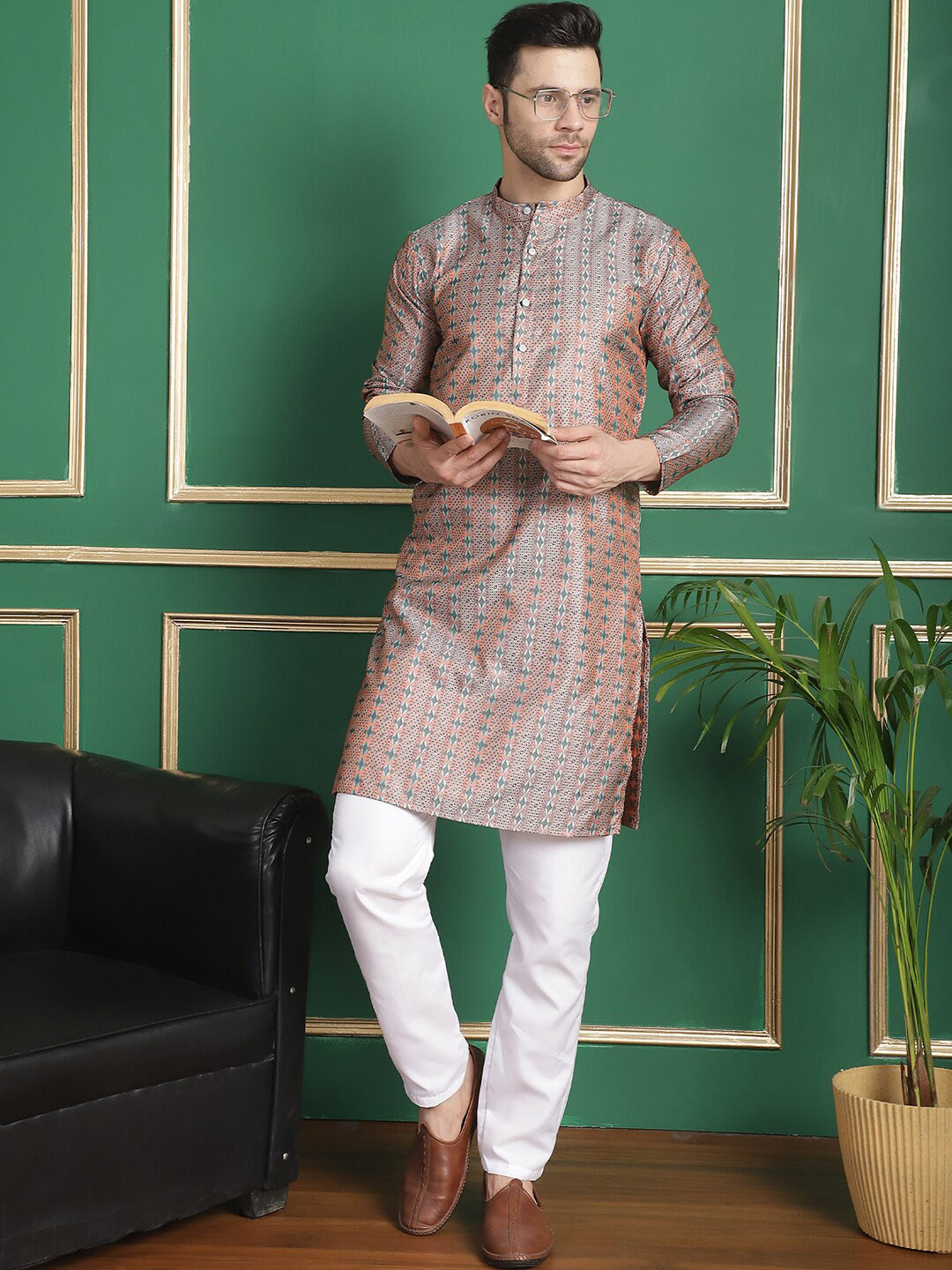 Anouk Orange Woven Designed Straight Kurta with Pyjamas