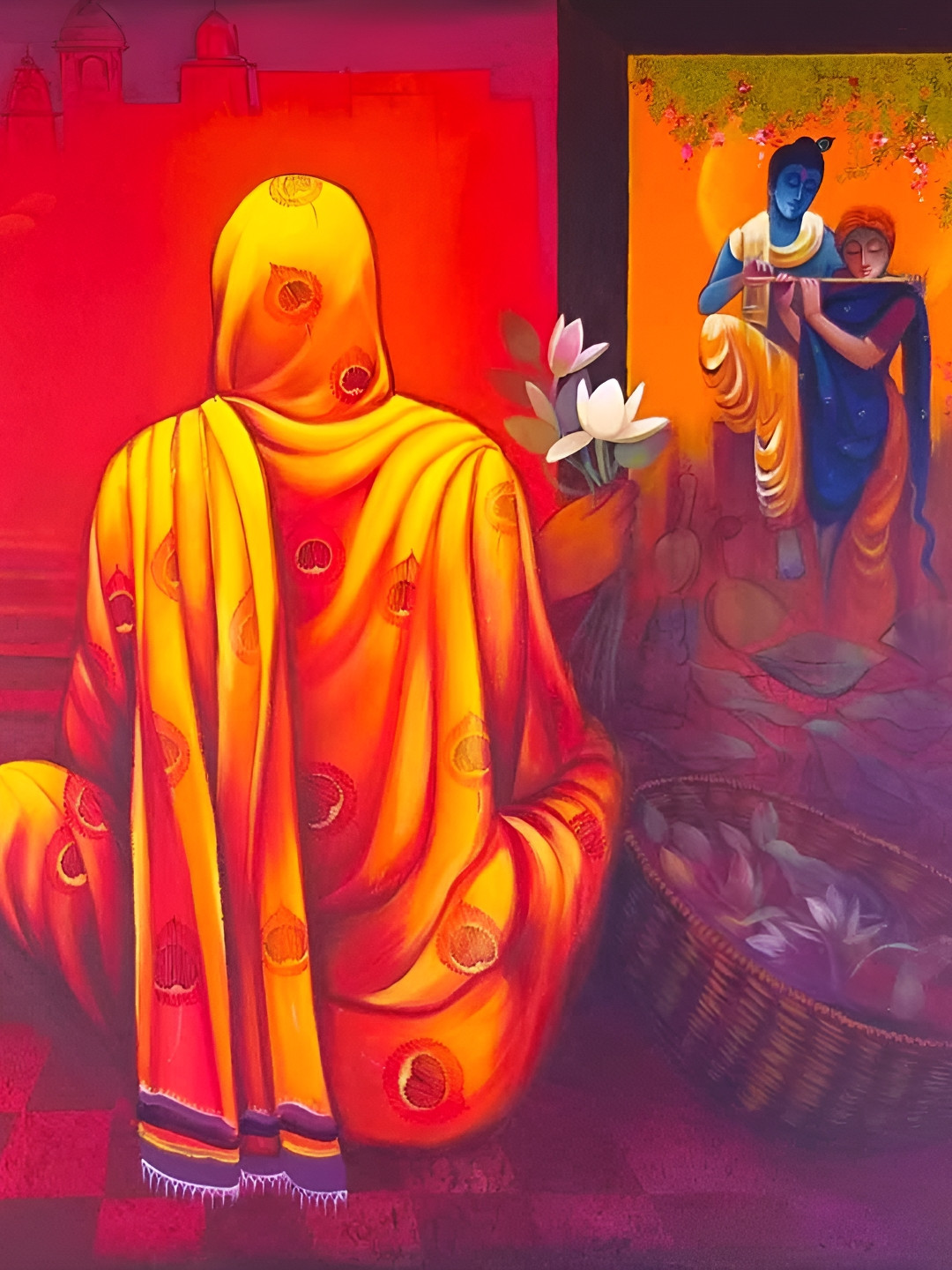 Wallpics Red & Orange Radha Krishna Religious Wall Poster