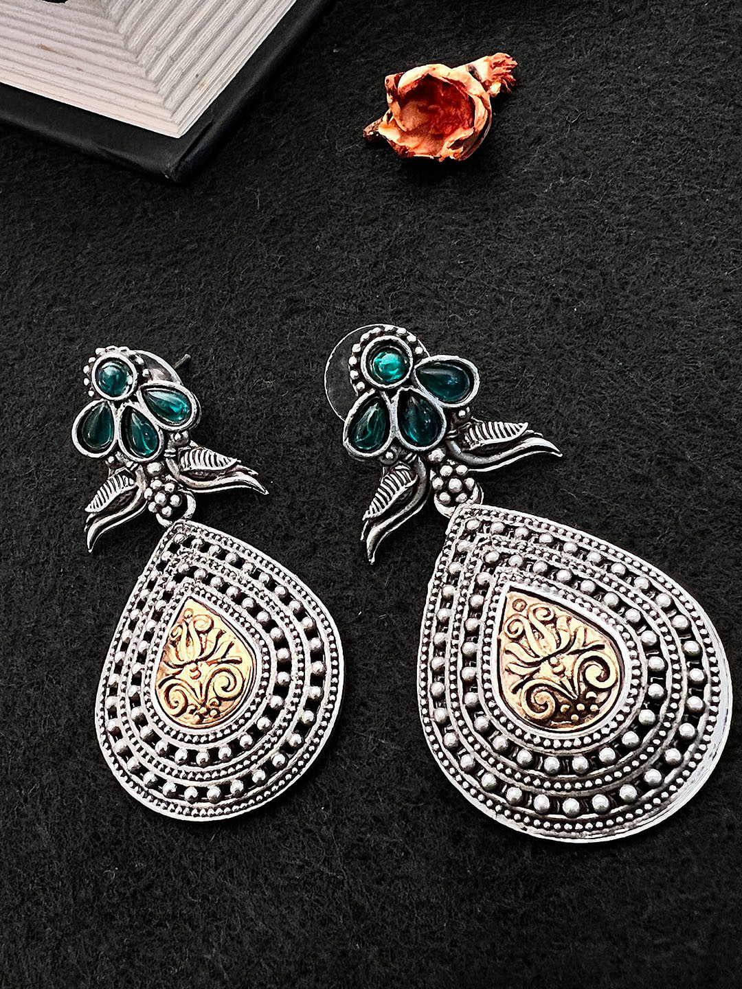 Sangria German Silver-Plated Stone-Studded Daul Tone Drop Earrings