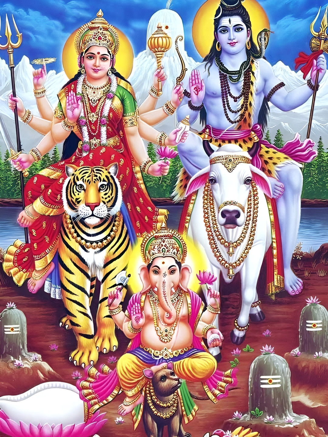 Wallpics Blue & Red Shiva Parvathi Printed Religious Wall Poster