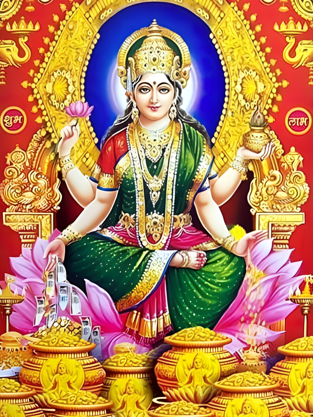 Wallpics Green & Yellow Maa Lakshmi Printed Religious Waterproof  Wall Poster