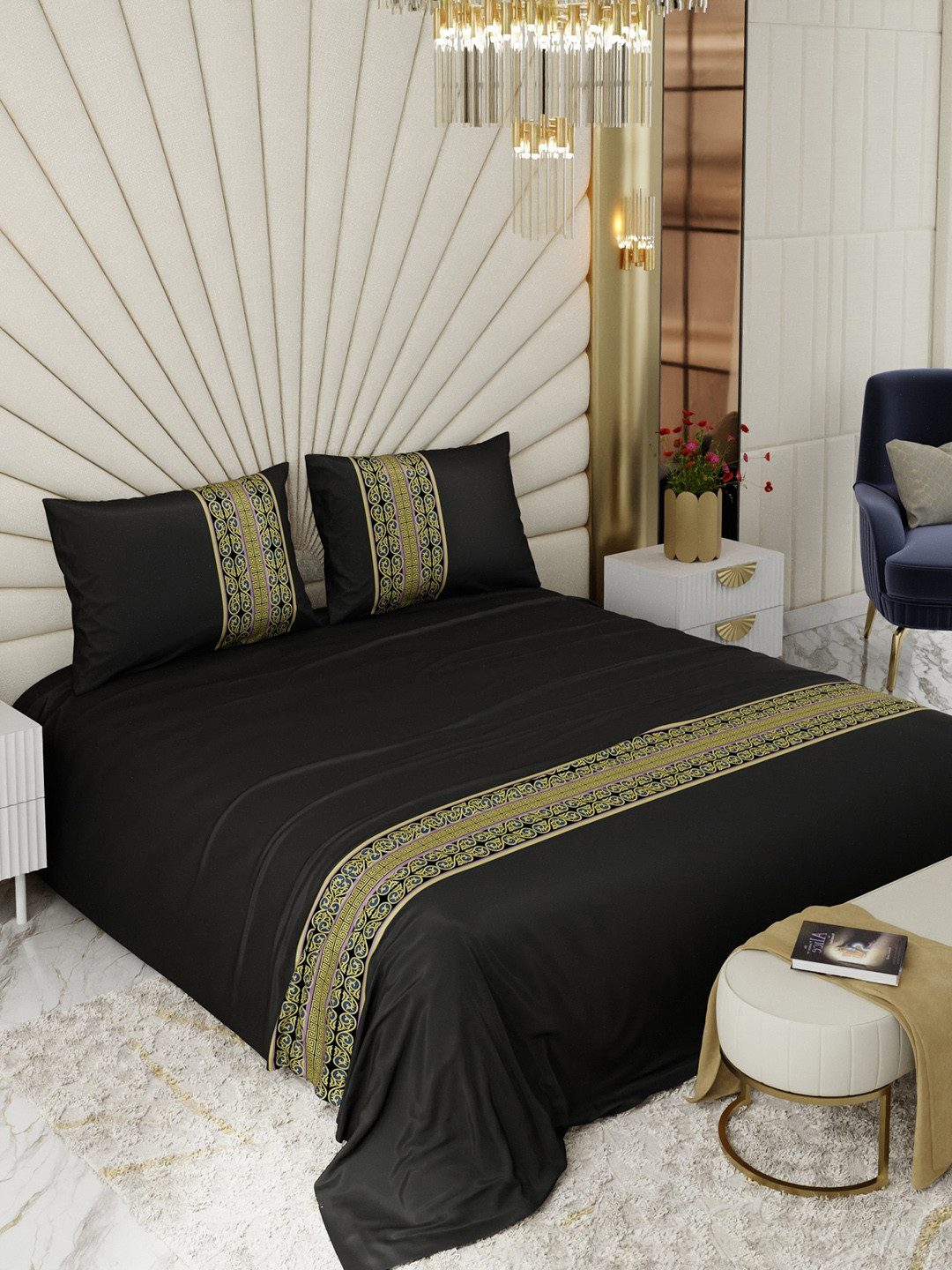 Stoa Paris Versailles Collection Black Ethnic Motifs Polyester 300 TC Queen Fine Bedsheet with 2 Pillow Covers-100 x 90 inches