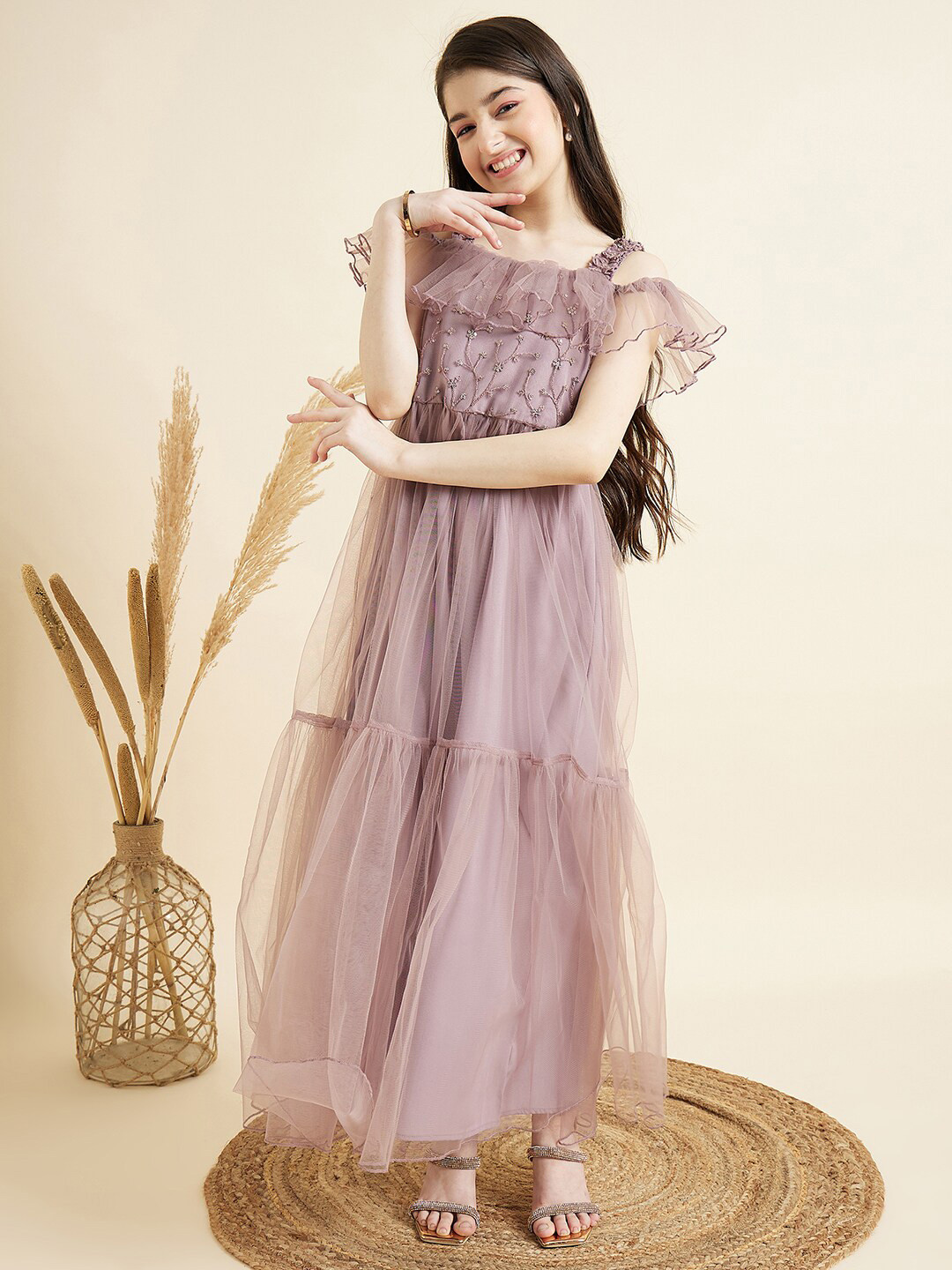 Cherry & Jerry Girls Embellished Square Neck Flutter Sleeves Tiered Maxi Dress