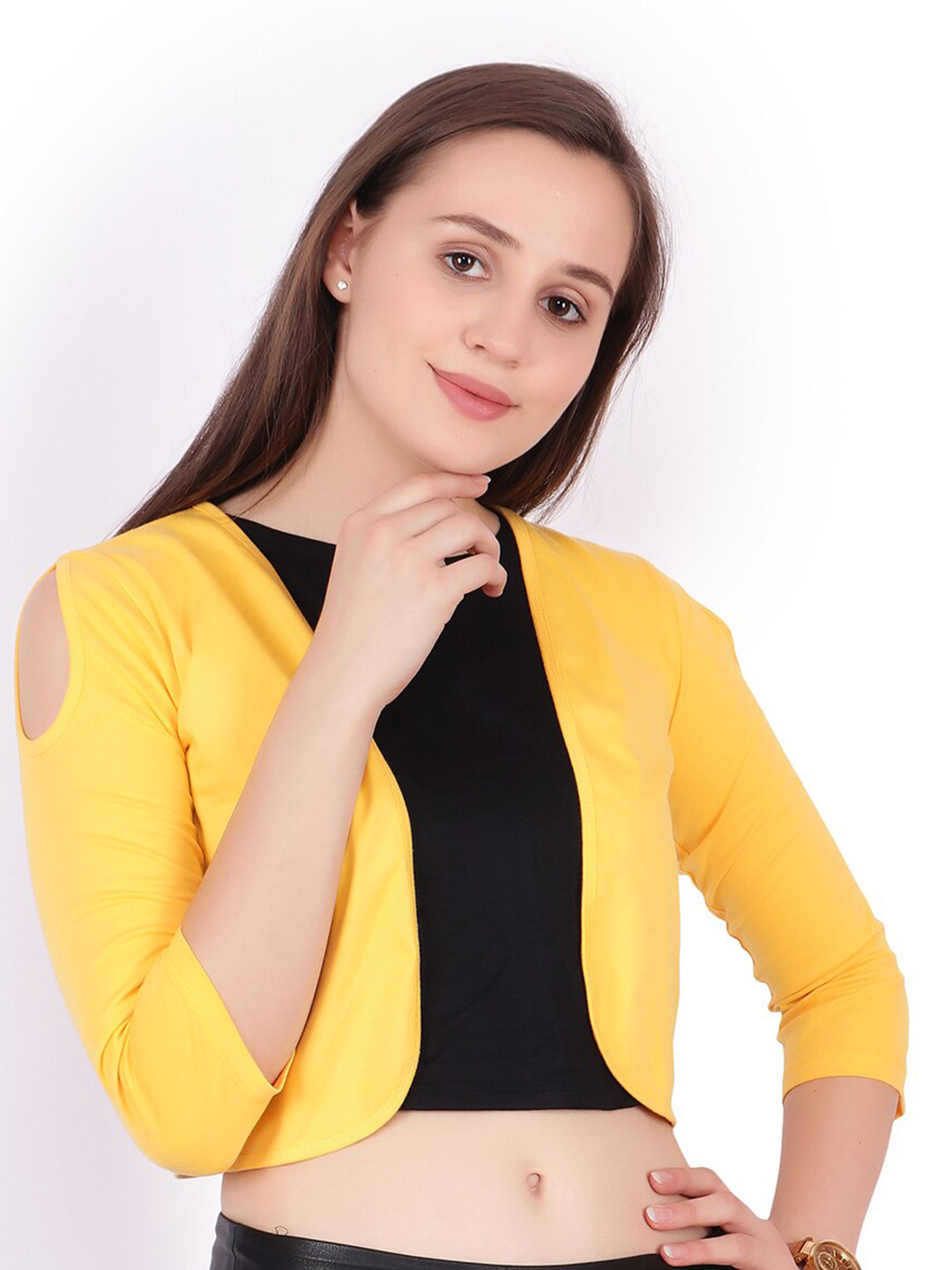 Cation Cold Yellow Shoulder Sleeves Cotton Crop Shrug