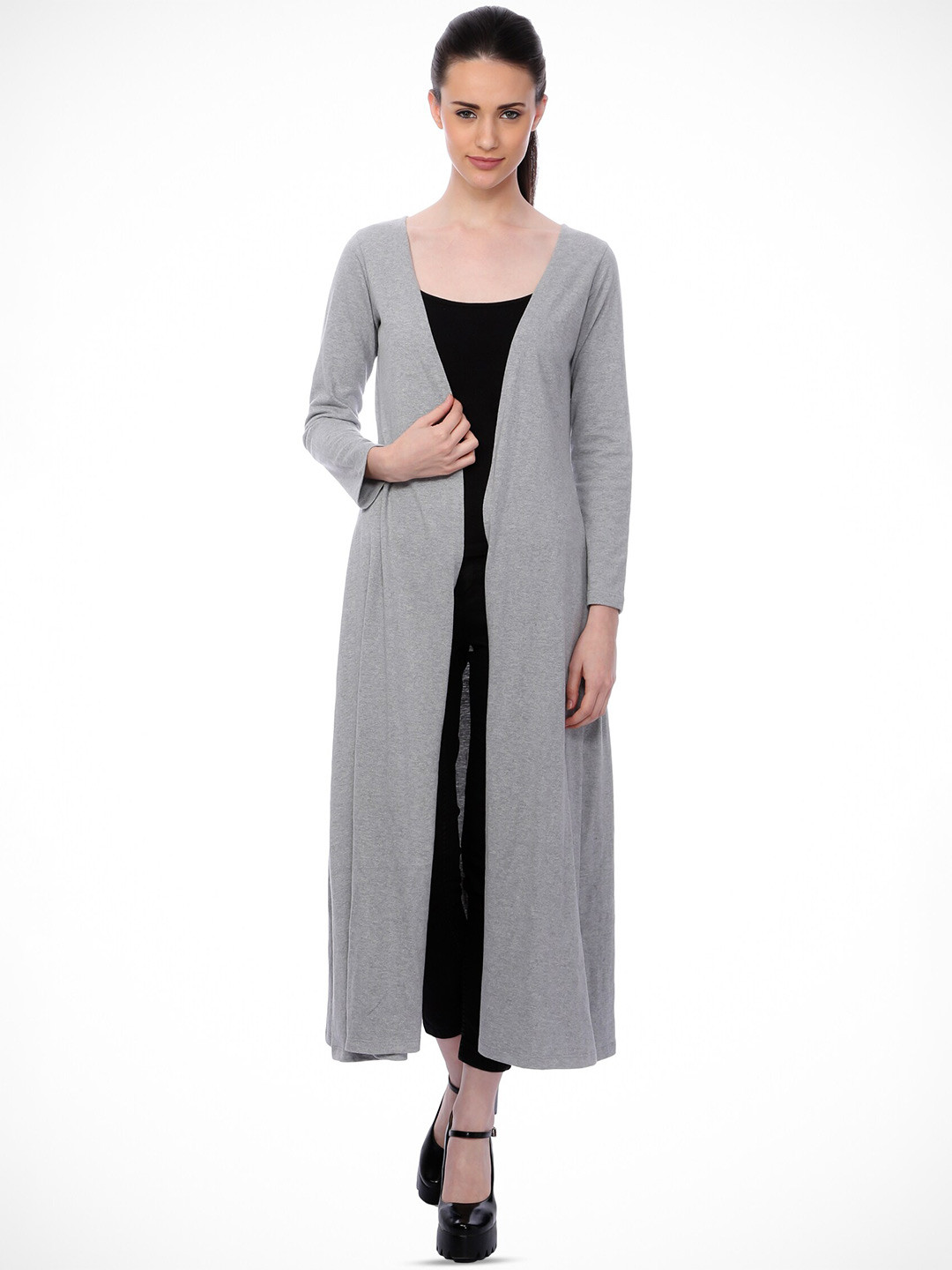 Cation Grey Long Sleeves Cotton Longline Shrug