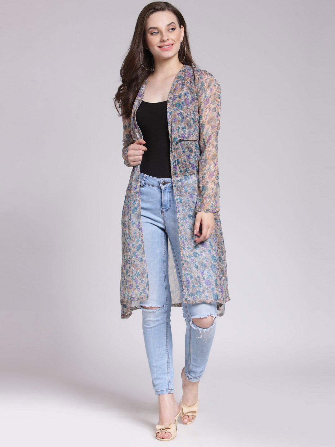 Cation Purple Printed Longline Sheer Shrug