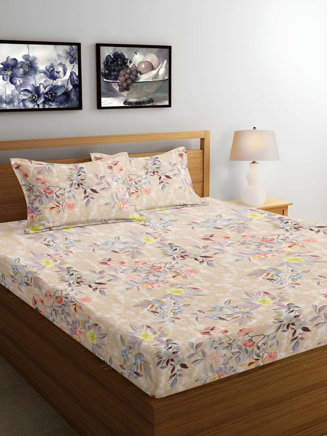 Srijee Decors Leafy Luxe Beige Floral Polycotton 210 TC Fitted Queen Fine Bedsheet with 2 Pillow Covers-88 x 108 inches
