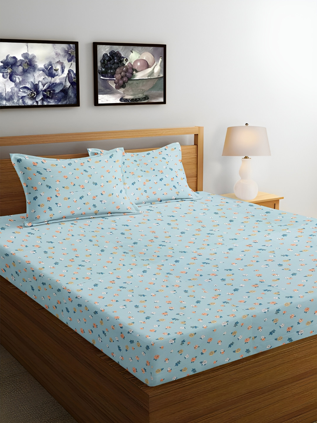 Srijee Decors Pocket Garden Blue Floral Polycotton 210 TC Fitted Queen Fine Bedsheet with 2 Pillow Covers-88 x 108 inches