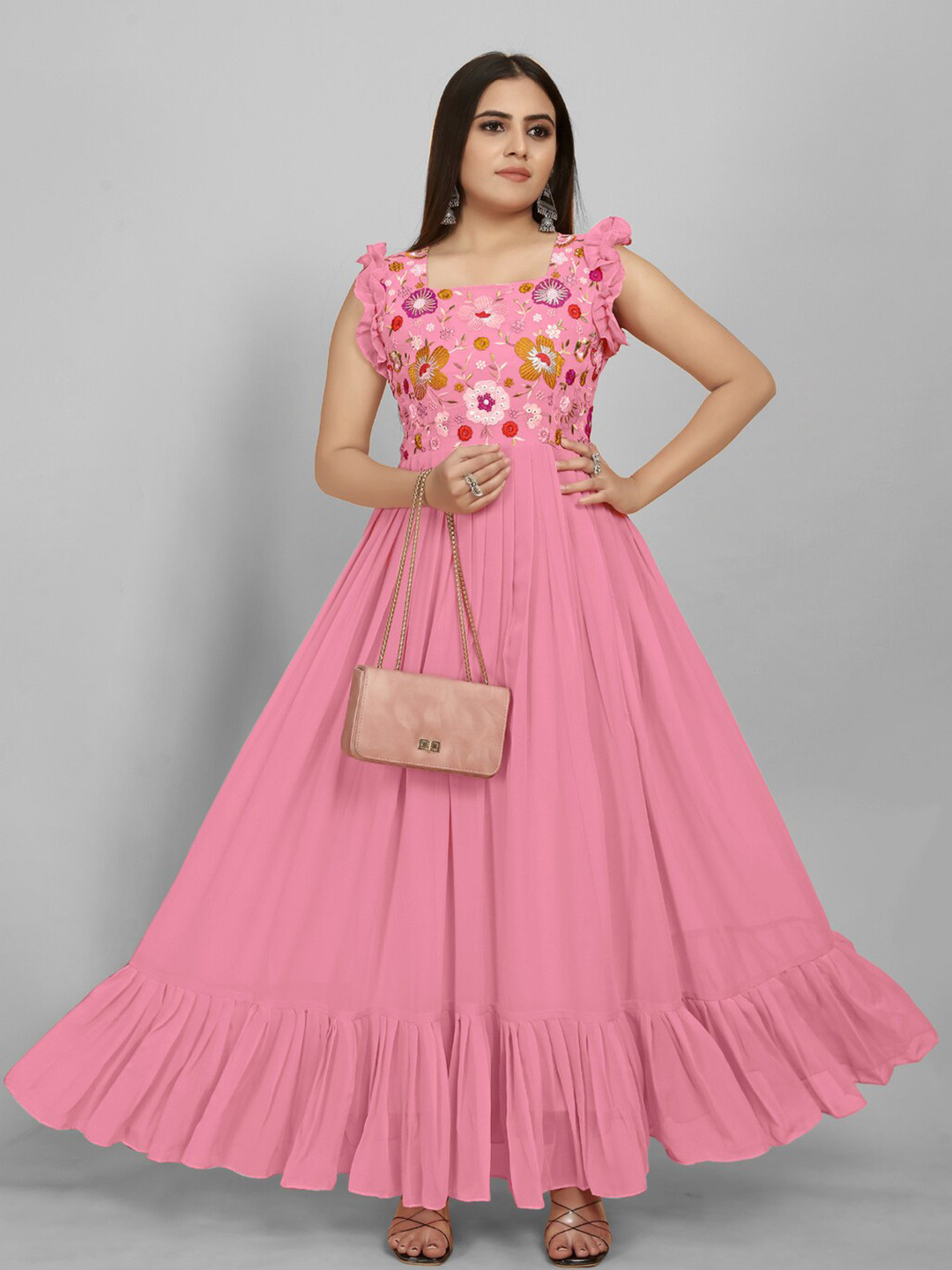 AKSHARAM Square Neck Floral Print Georgette Maxi Dress