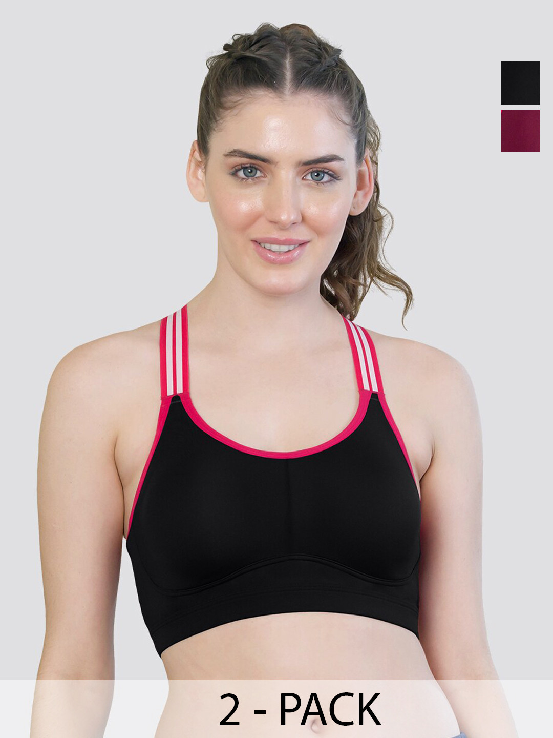K LINGERIE Pack of 2 Charlet Criss-Cross Back Cookie Sports Bra BLK-BGD