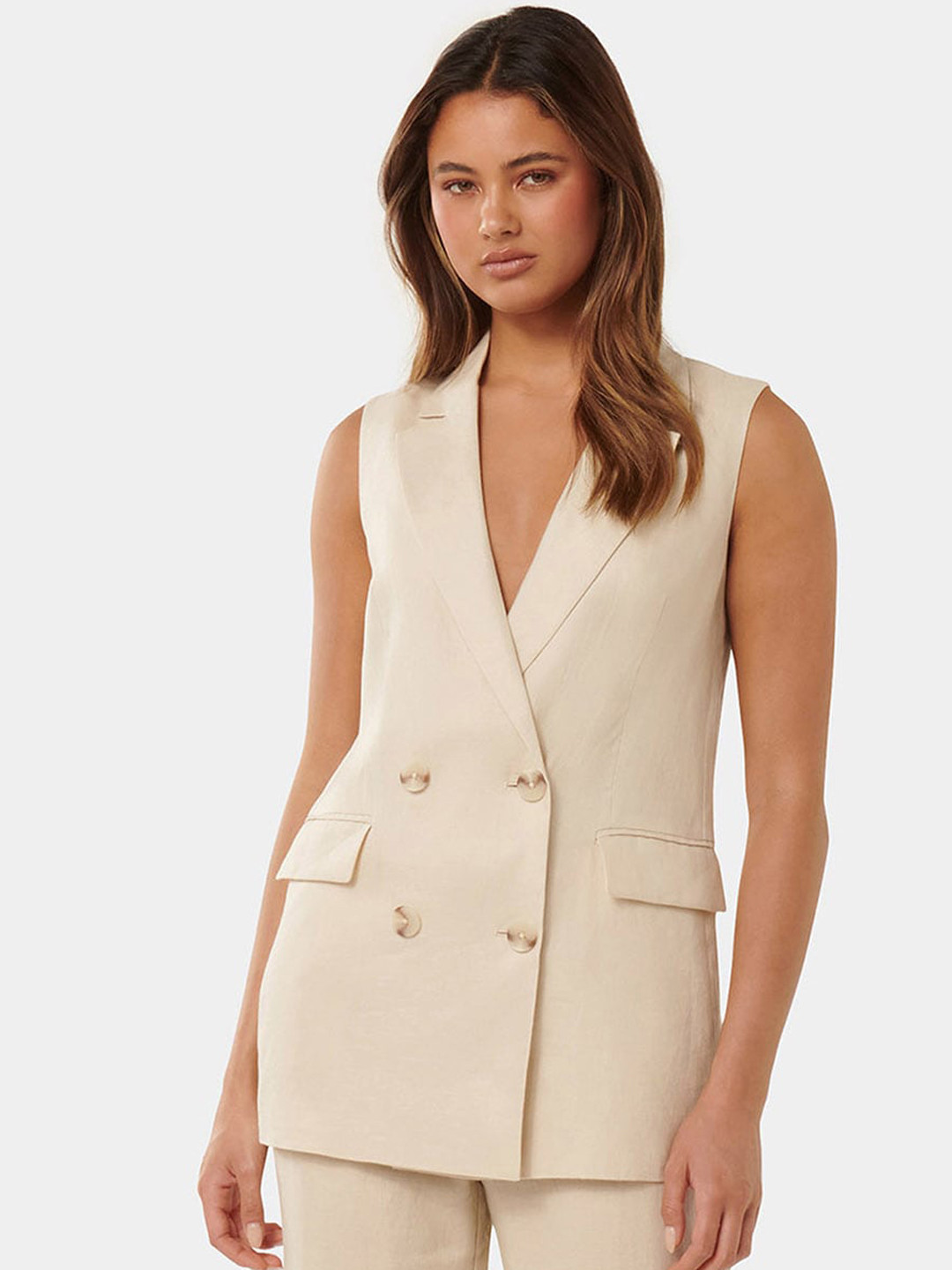 Forever New Notched Lapel Sleeveless Pure Linen Waistcoat