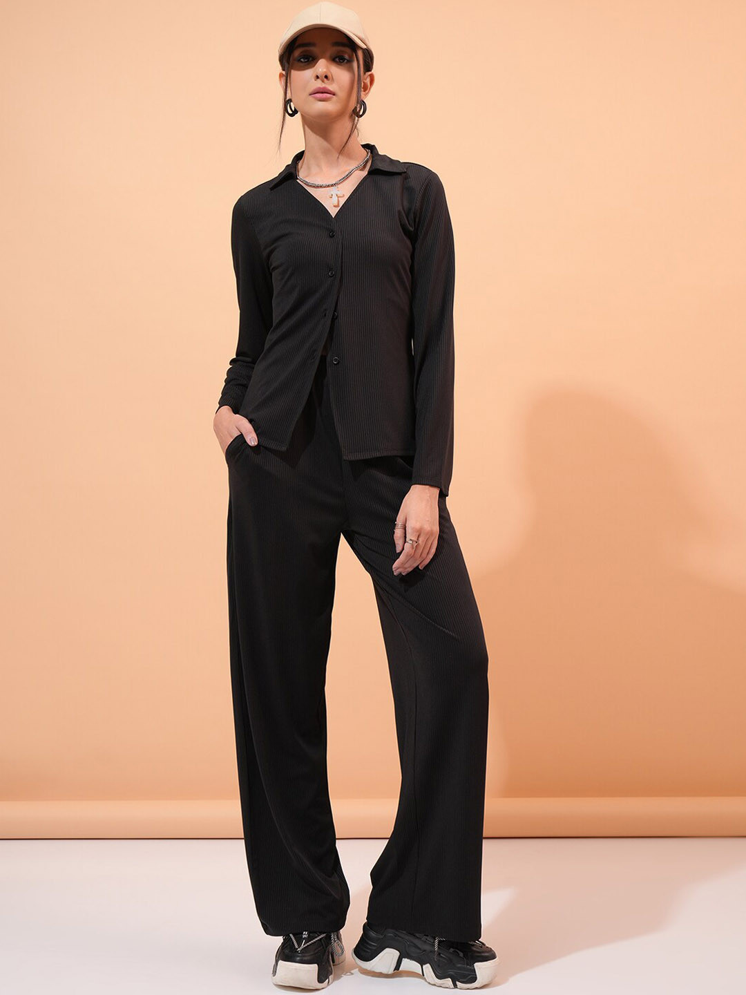 Tokyo Talkies Black Ribbed Shirt & Trousers