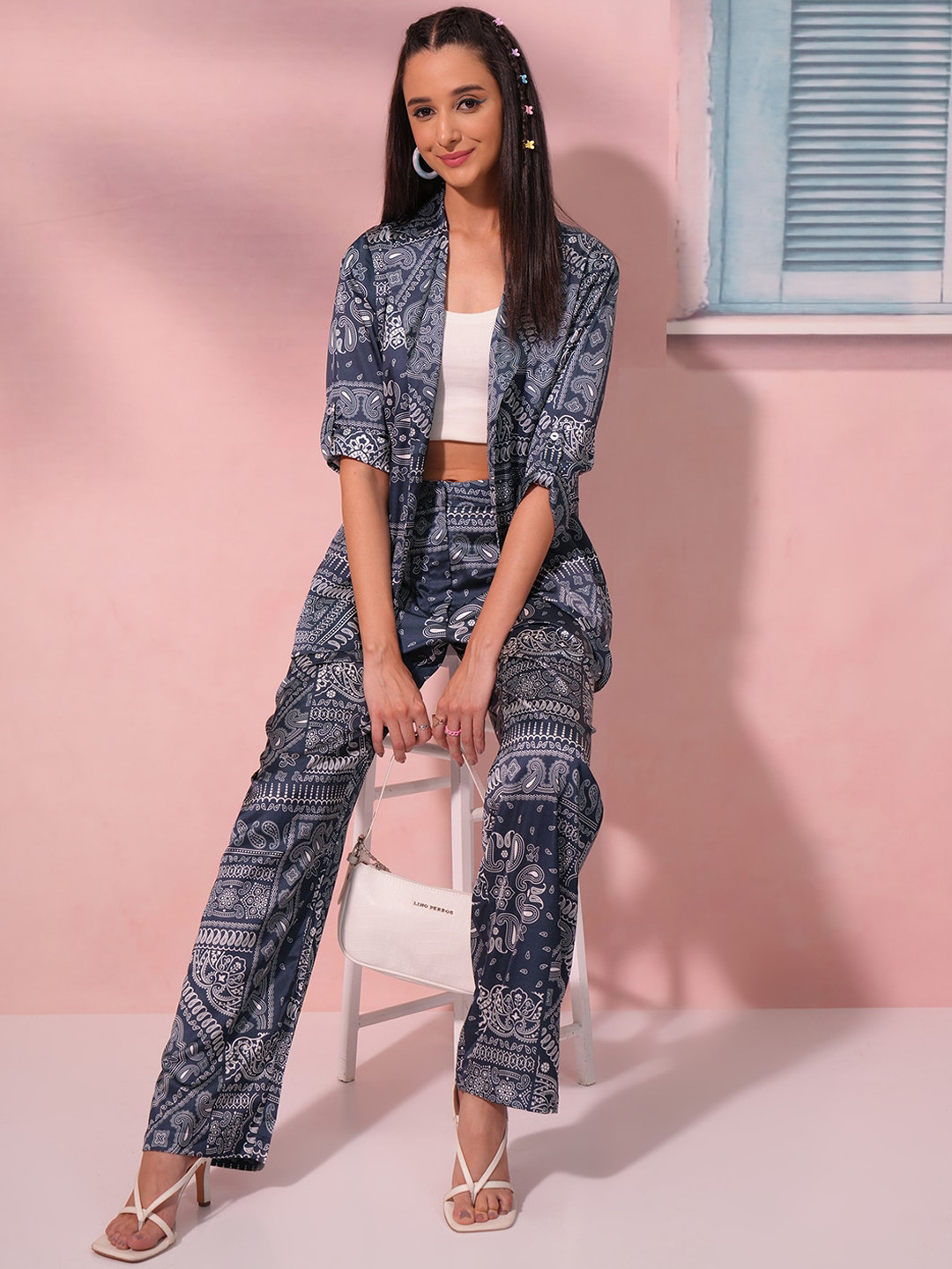 Tokyo Talkies Blue Printed Blazer With Trousers
