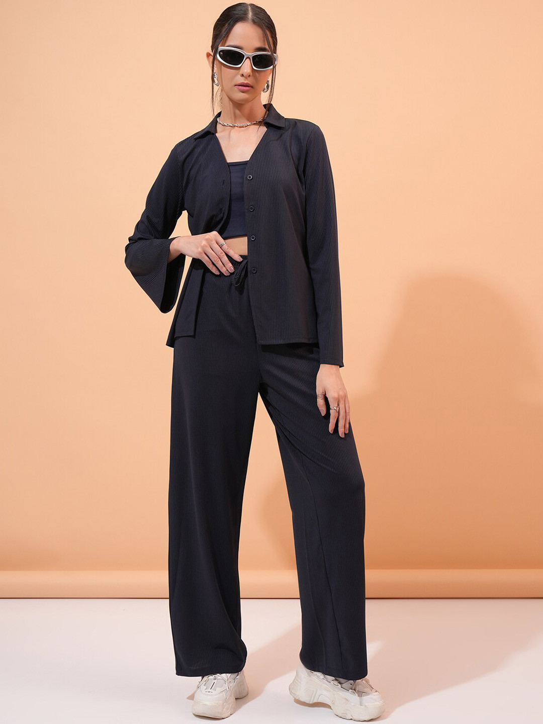 Tokyo Talkies Navy Blue Ribbed Shirt & Trousers