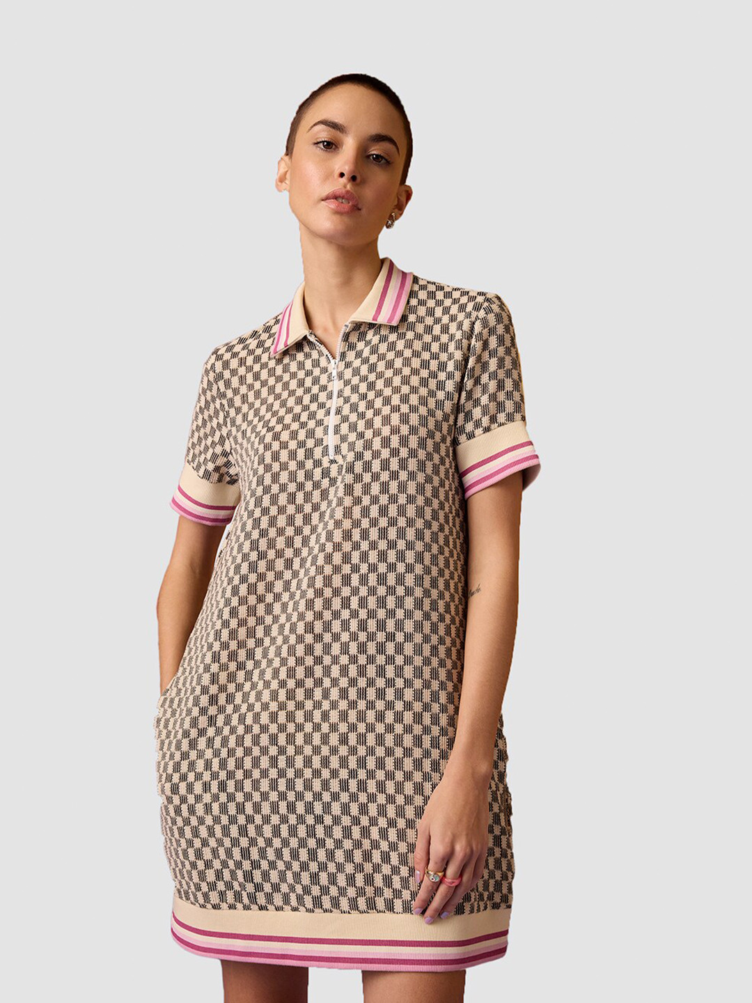 Muvazo Checked Shirt Collar Pure Cotton Mini Shirt Dress
