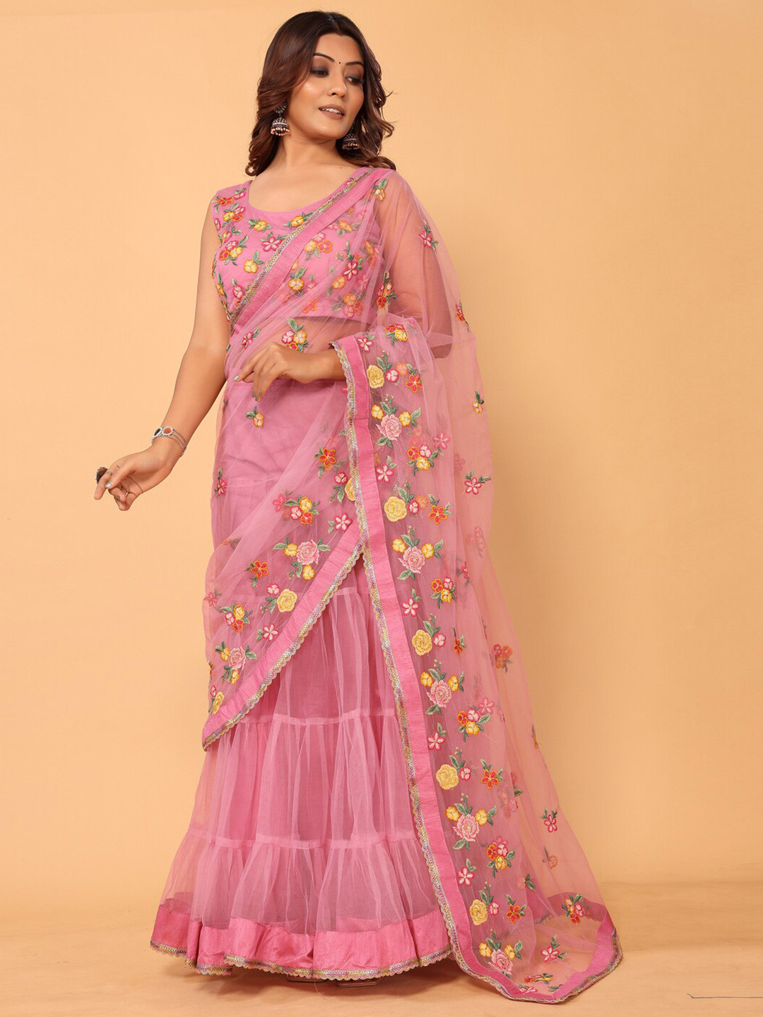 PATLANI STYLE Floral Embroidered Net Ready to Wear Lehenga Saree