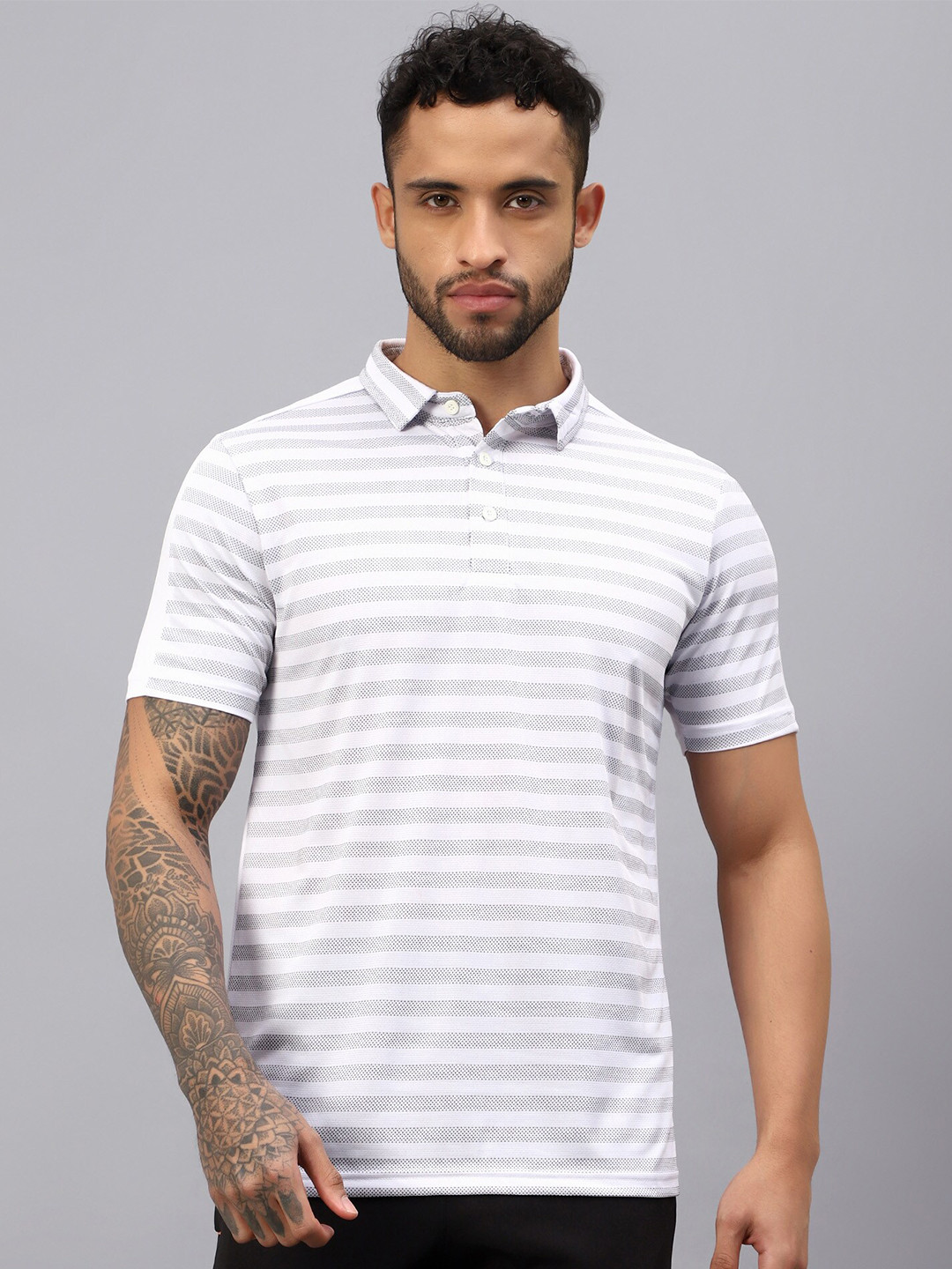 VECTOR X Striped Printed Polo Collar T-shirt