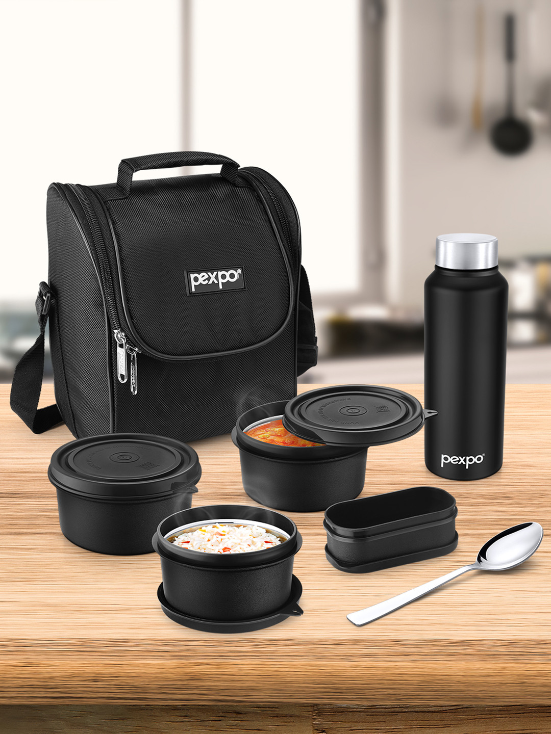 Pexpo Black 5 Pieces Stainless Steel Microwave Safe Lunch Box 2.15 ml