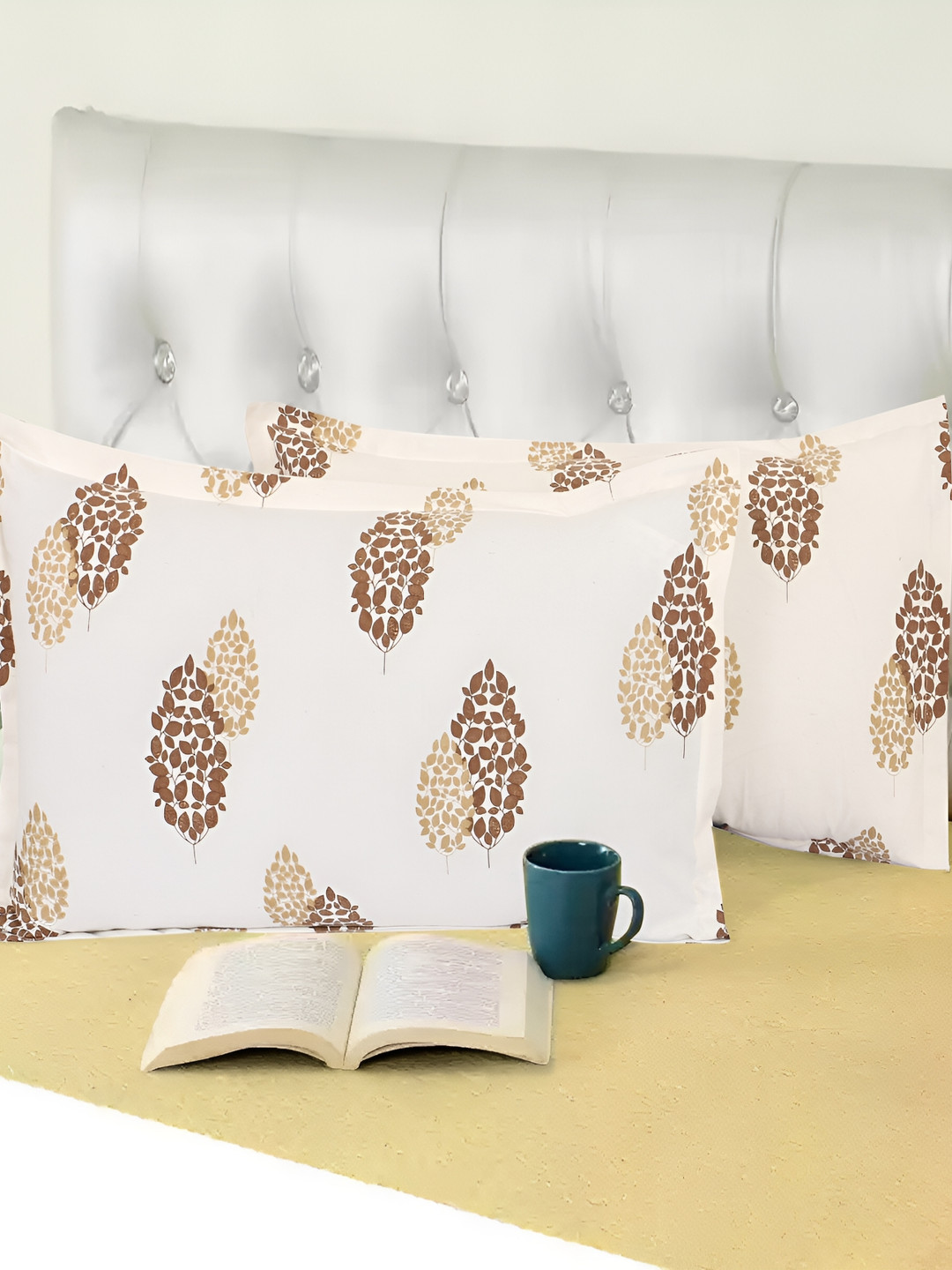 MIYANBAZAZ Gold-Toned & White 2 Pieces Self Design Pure Cotton Rectangle Pillow Covers