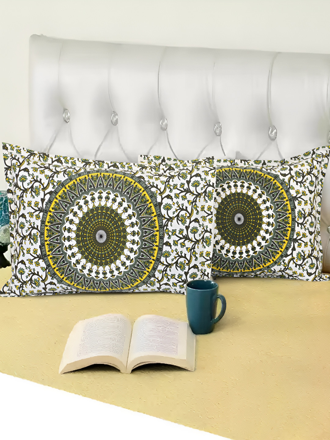 MIYANBAZAZ Yellow & White 2 Pieces Self Design Pure Cotton Rectangle Pillow Covers