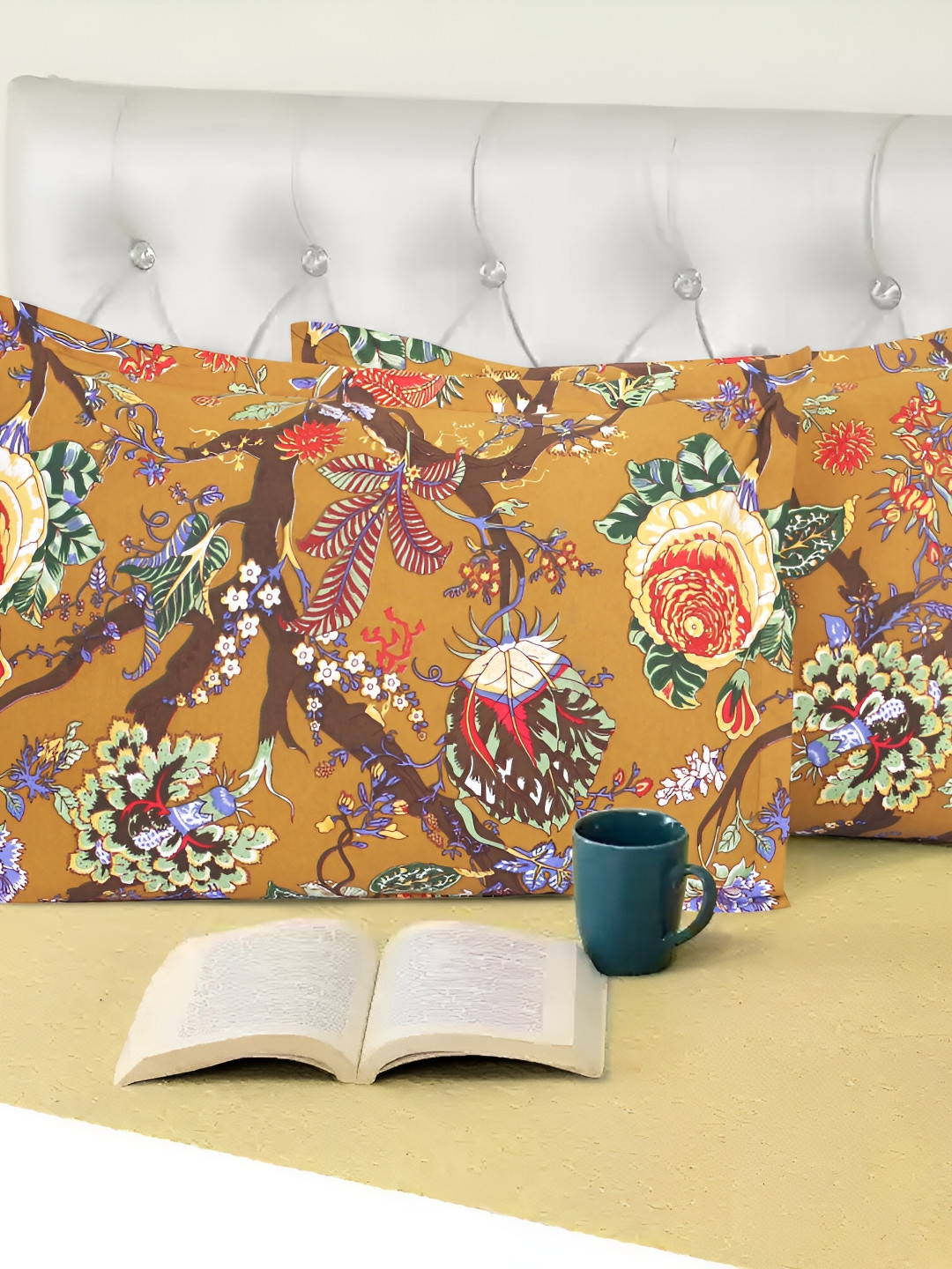 MIYANBAZAZ Rust & Mustard 2 Pieces Self Design Pure Cotton Rectangle Pillow Covers
