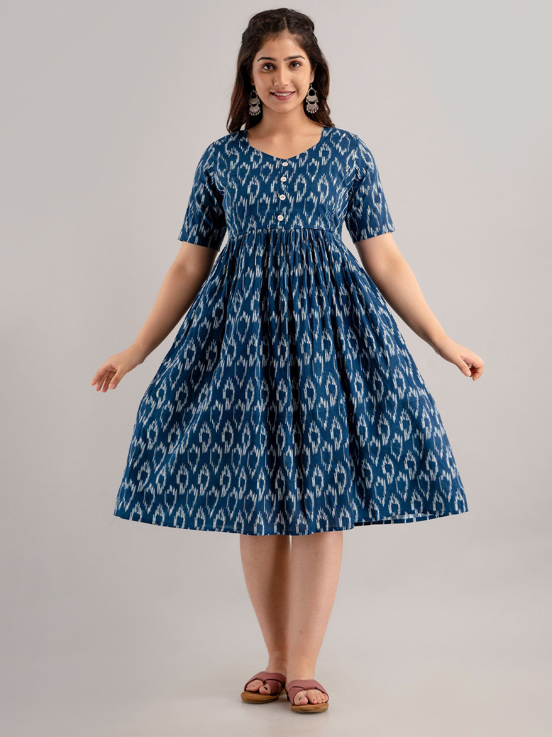 CELEBRAVO Ikat Print Maternity Cotton Pleated Fit & Flare Dress