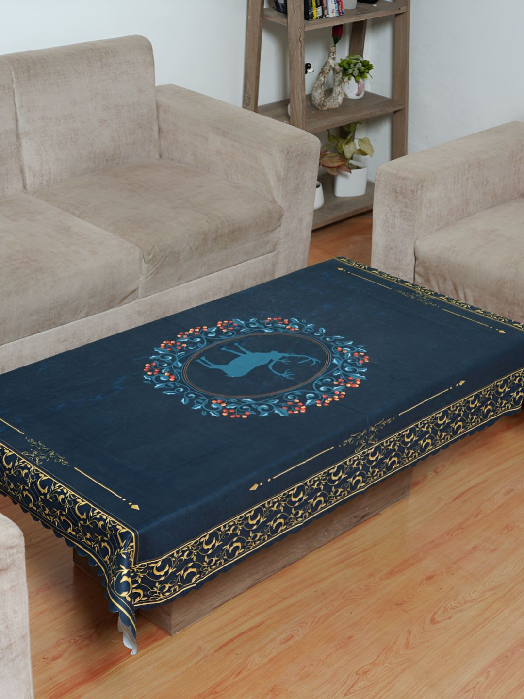 Bajo's Blue & Beige Ethnic Motifs Printed Velvet Table Cover