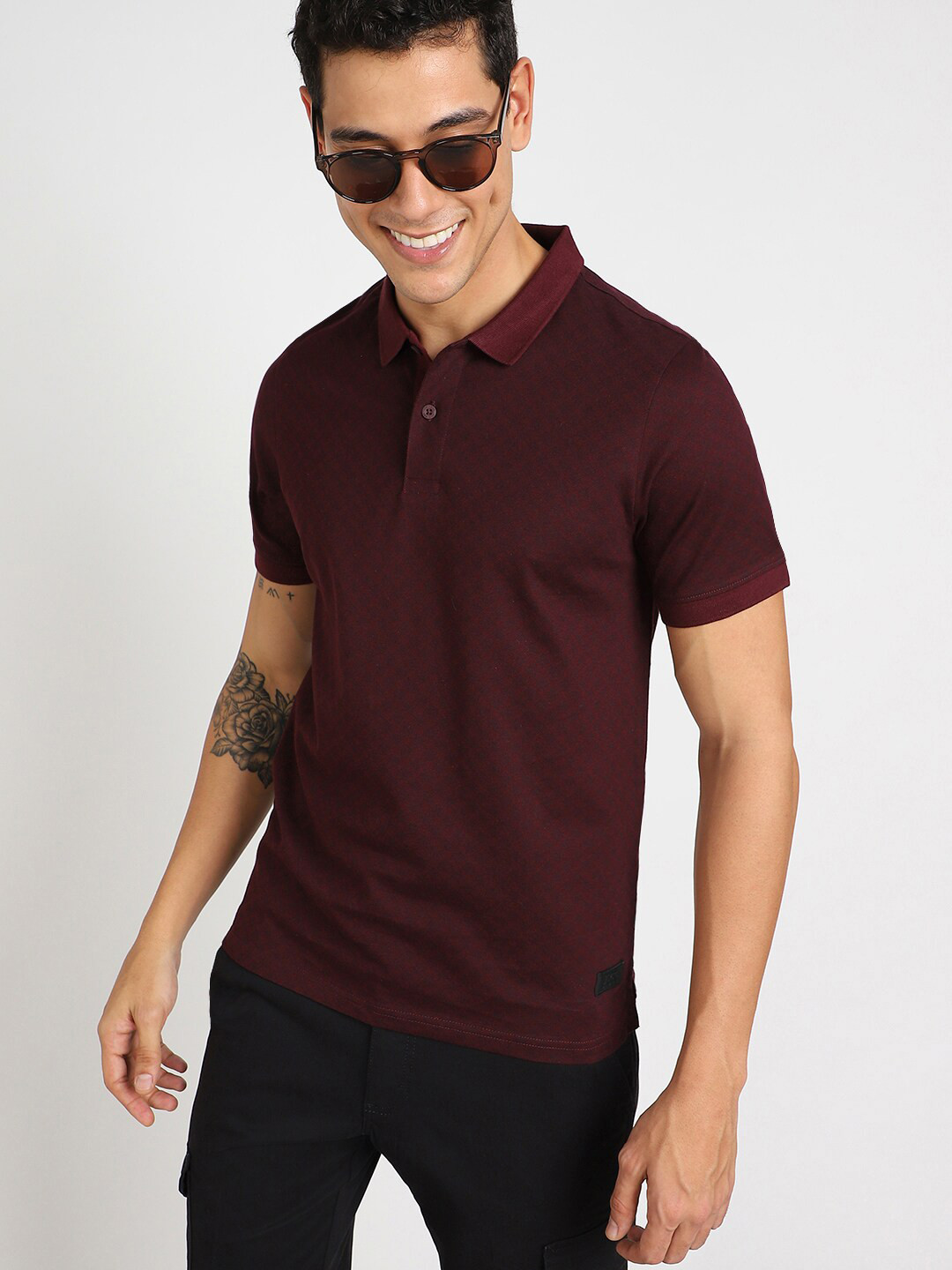 Lee Men Checked Polo Collar Short Sleeves Slim Fit Cotton T-shirt
