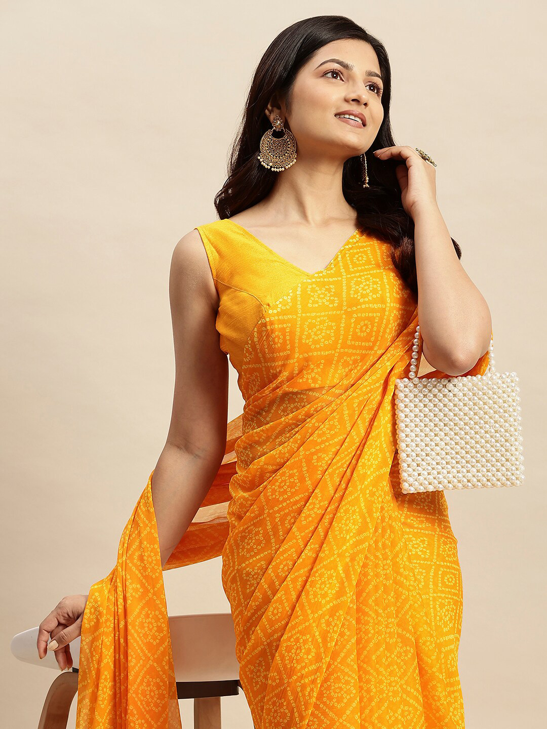 RATAN Women Chiffon Bandhani Printed Saree Without Blouse Piece