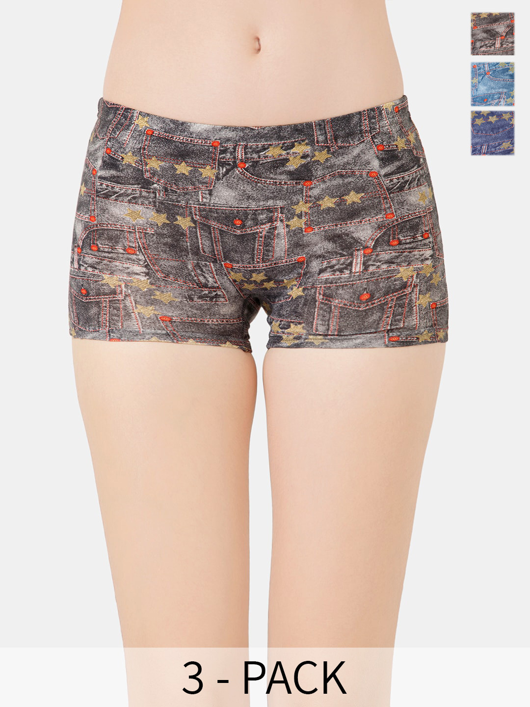 Lady Lyka Pack Of 3 Printed Cotton Boy Shorts Brief DENIM-LONG-Multi