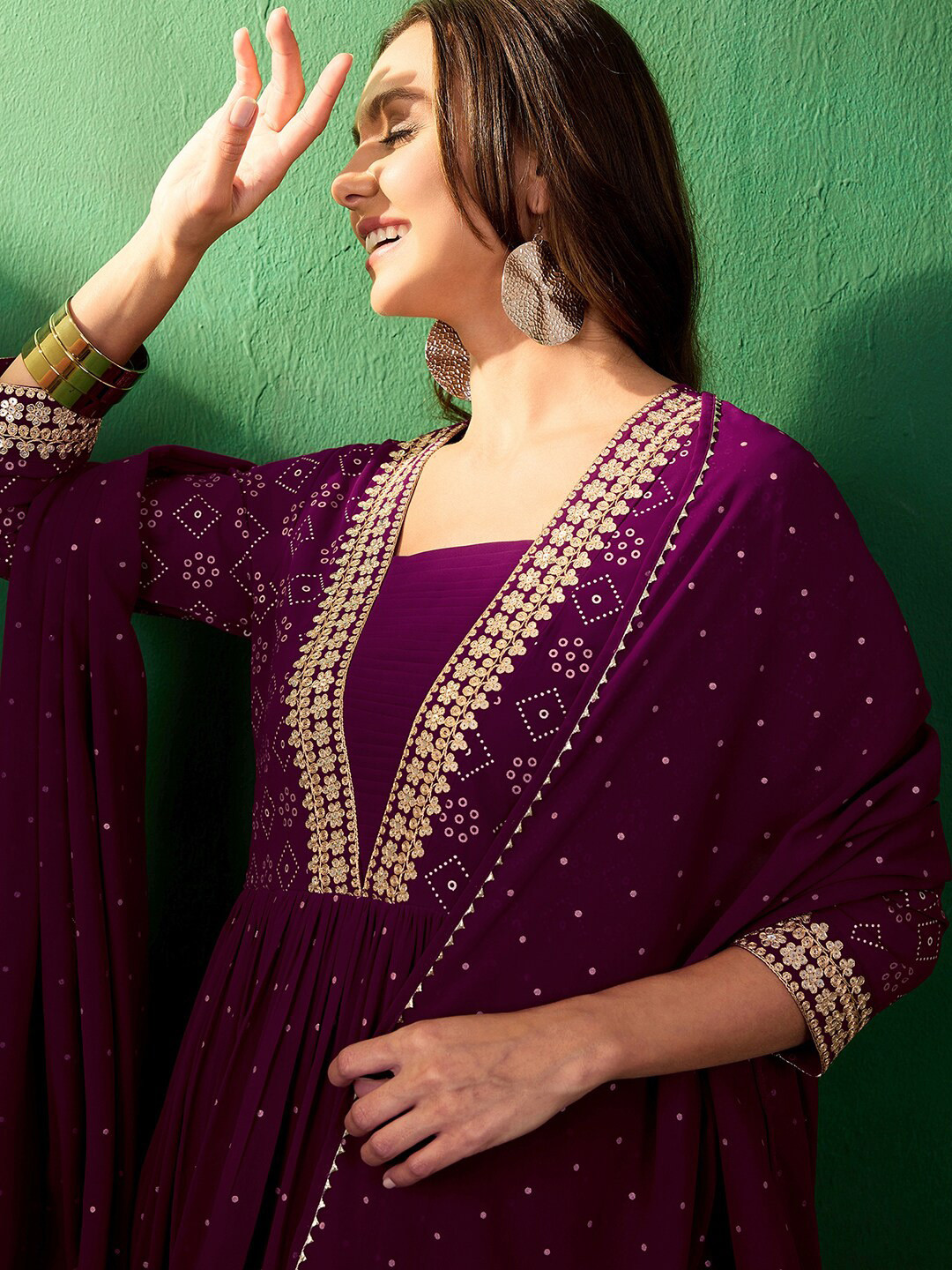 Sangria Bandahni Printed Embroidered Anarkali Kurta & Trousers With Dupatta