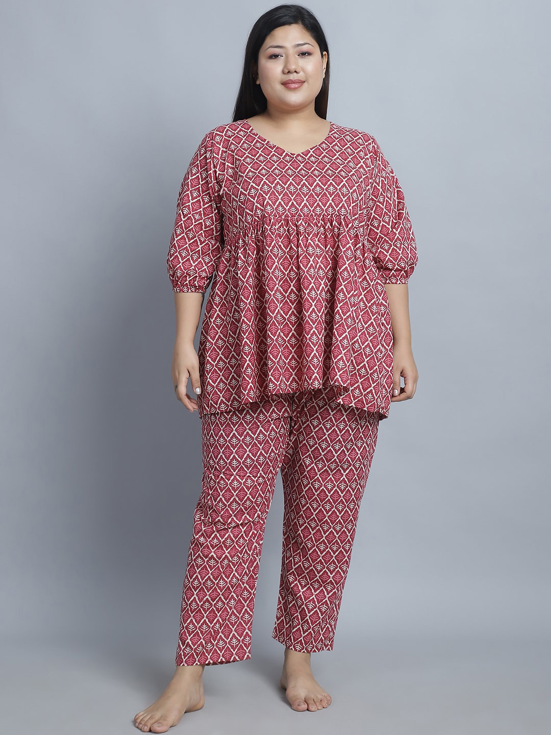 TAG 7 Plus Size Floral Printed V-Neck Pure Cotton Kurti & Pyjama