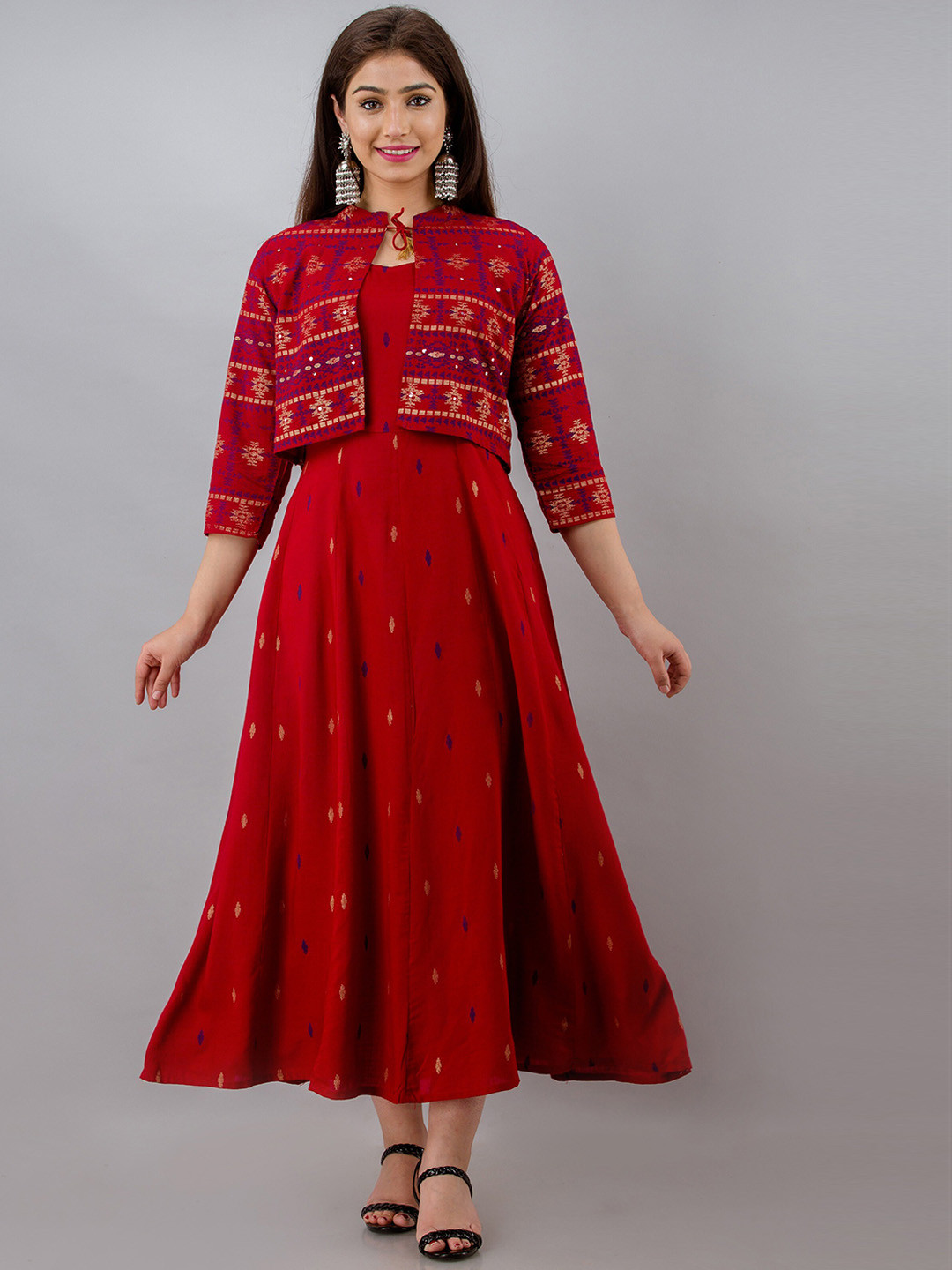 CELEBRAVO Ethnic Motifs Woven Design A-Line Kurta with Jacket