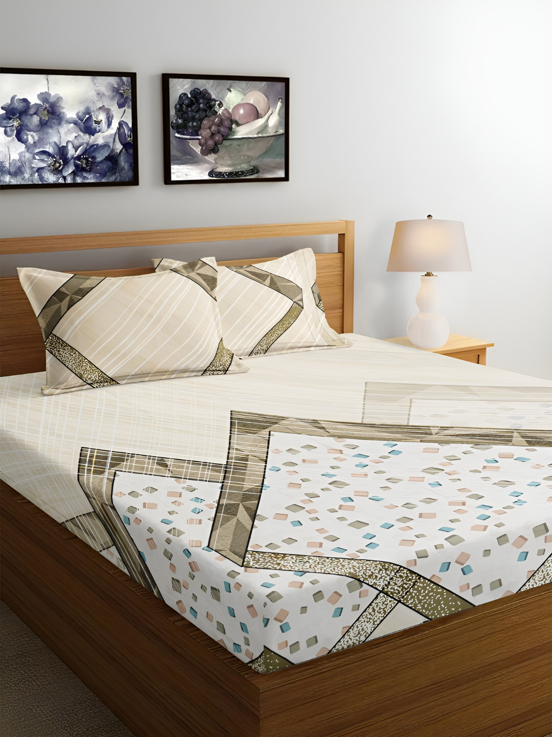 Srijee Decors Tan Quadra Digital Luxury Premium Tan Geometric Cotton 300 TC Fitted King Superfine Bedsheet with 2 Pillow Covers-108 x 108 inches