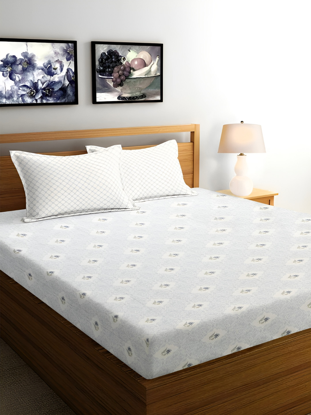 Srijee Decors Sapling Luxury Premium Grey Floral Cotton 250 TC Fitted King Fine Bedsheet with 2 Pillow Covers-108 x 108 inches