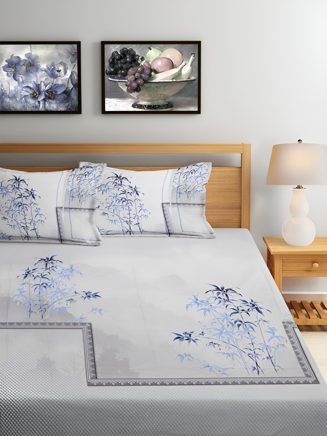 Srijee Decors Stair Digital Luxury Grey Floral Cotton 300 TC Fitted King Superfine Bedsheet with 2 Pillow Covers-108 x 108 inches