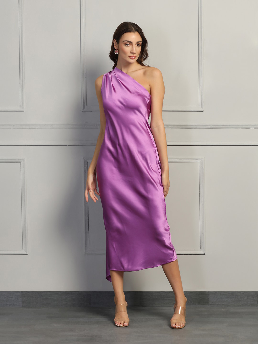 STARIN One Shoulder Satin Sheath Midi Dress