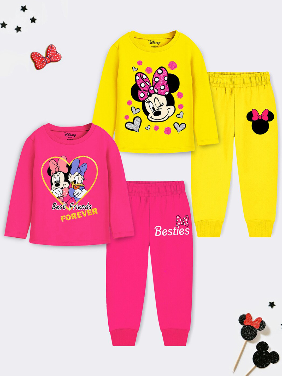 YK Disney Girls Pack of 2 Mickey & Friends Printed T-shirt With Pyjamas