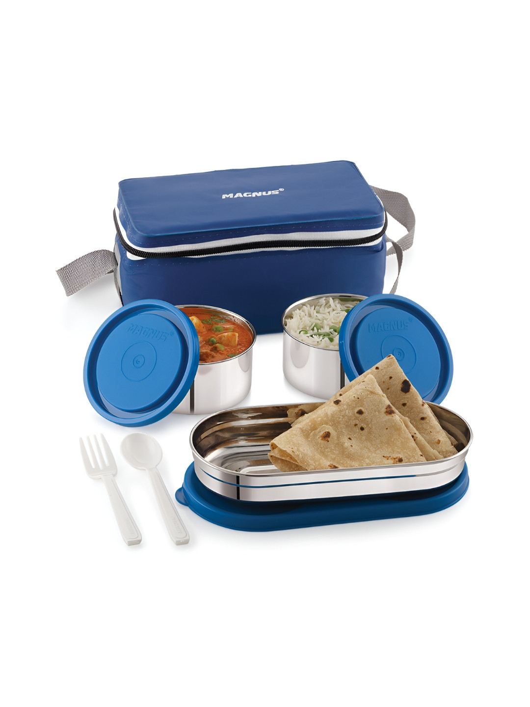 MAGNUS Fancy 3 Prime Stainless Steel Leak Resistant 6PCs Lunch Box With Spoon and Fork