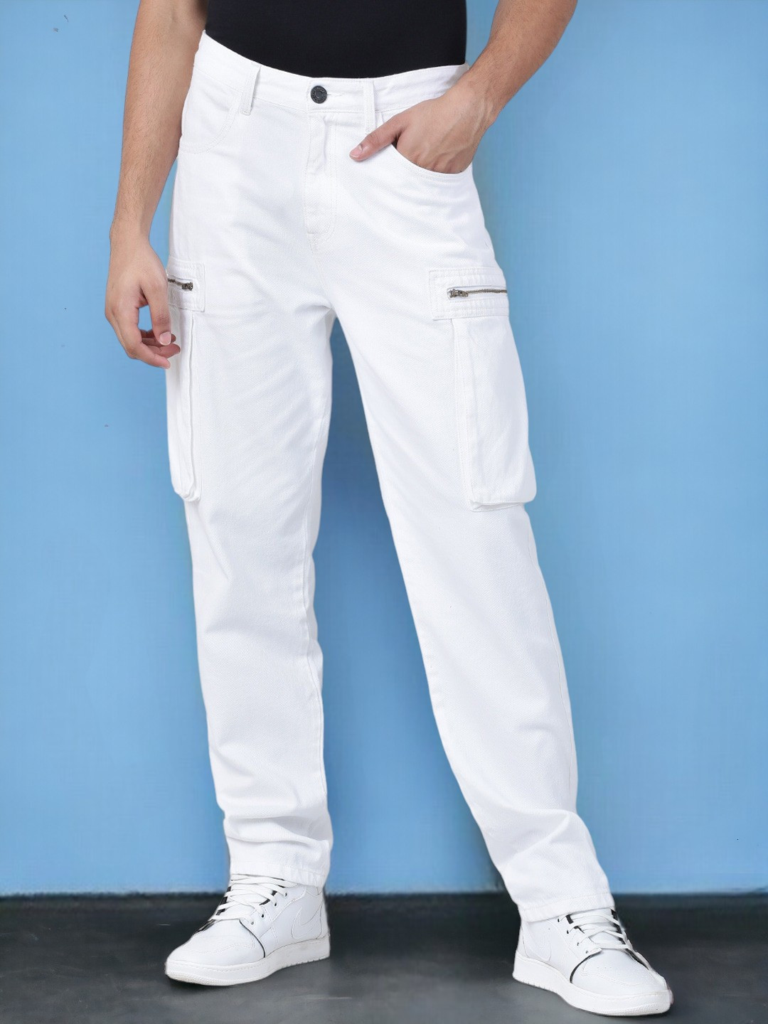 Bene Kleed Men Mid Rise Clean Look Pure Cotton Cargo Straight Fit Pockets Jeans
