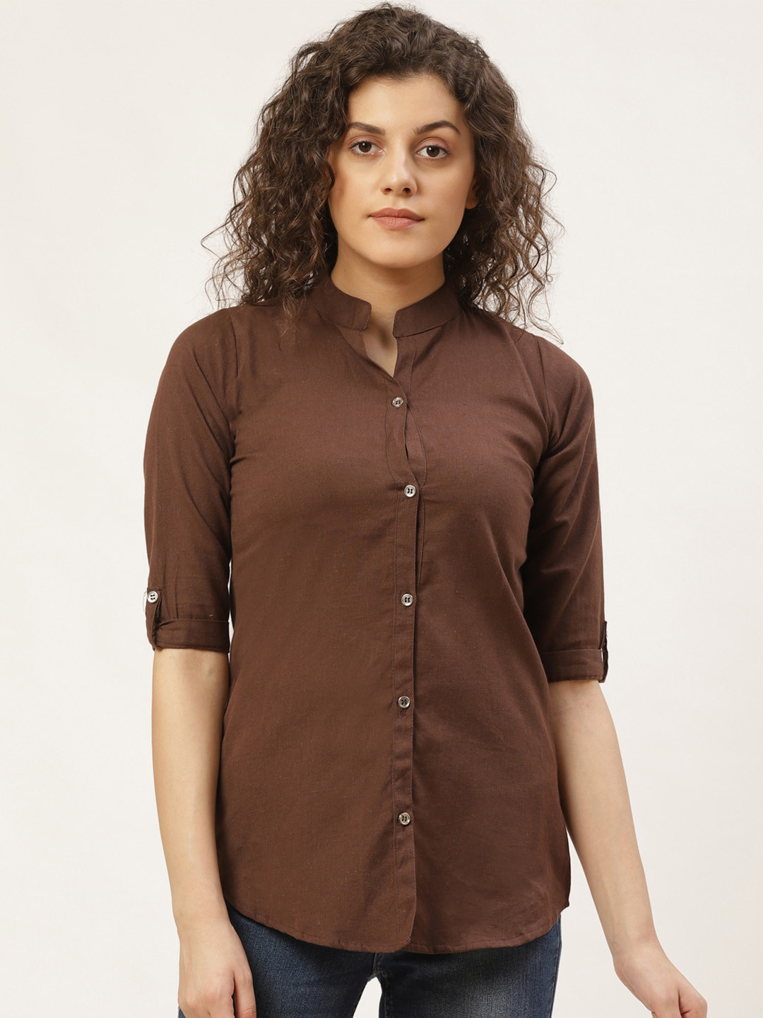 KALINI Mandarin Collar Three-Quarter Roll Up Sleeves Cotton Shirt Style Top