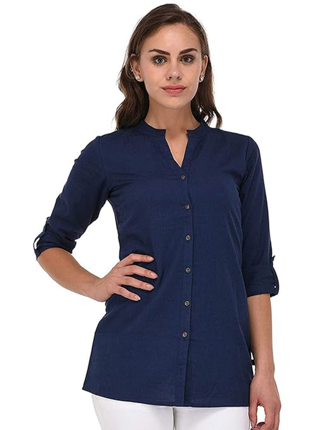 KALINI Mandarin Collar Three-Quarter Roll Up Sleeves Cotton Shirt Style Top